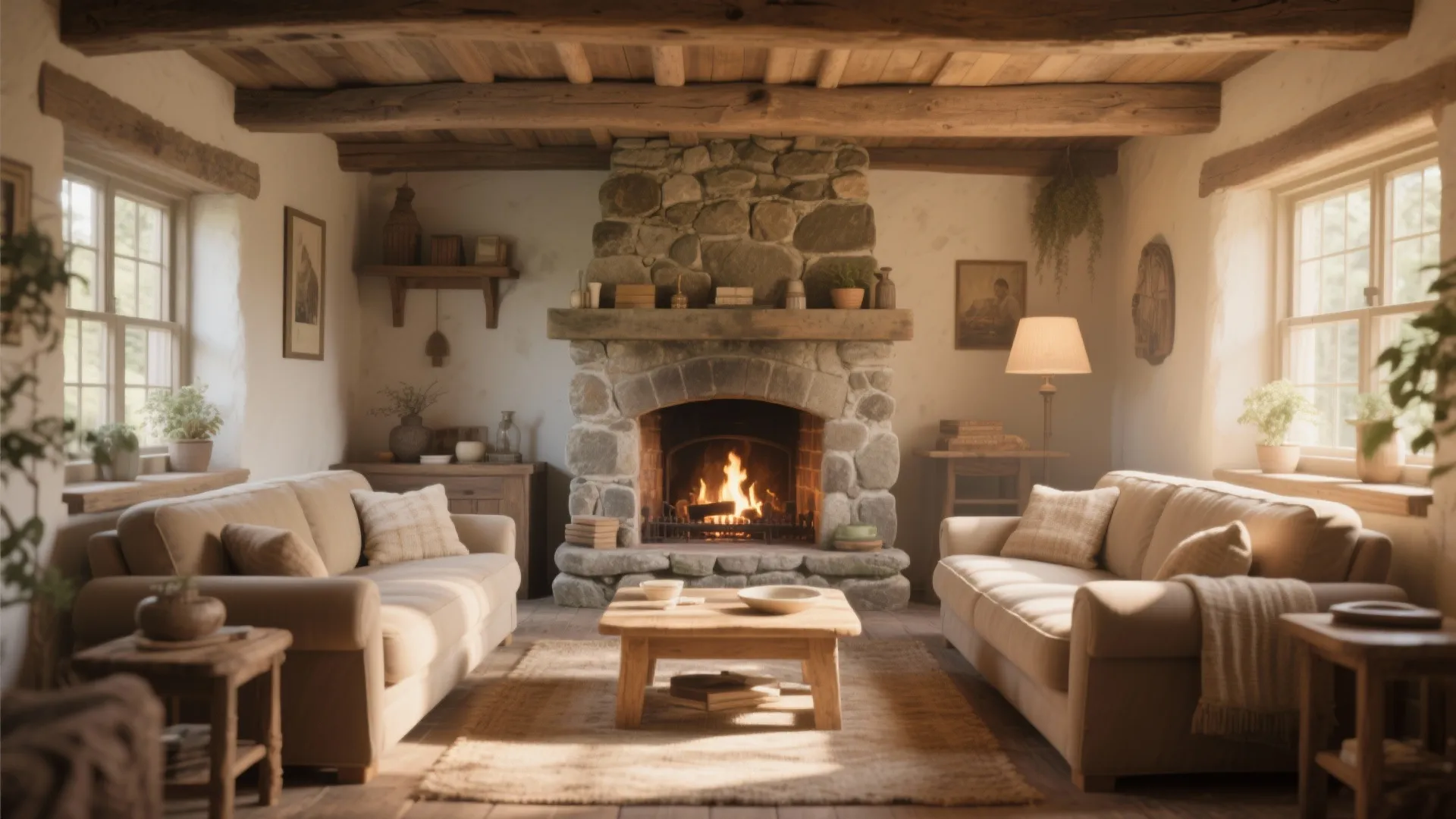 Two compact sofas facing a stone fireplace in a cozy cottage
