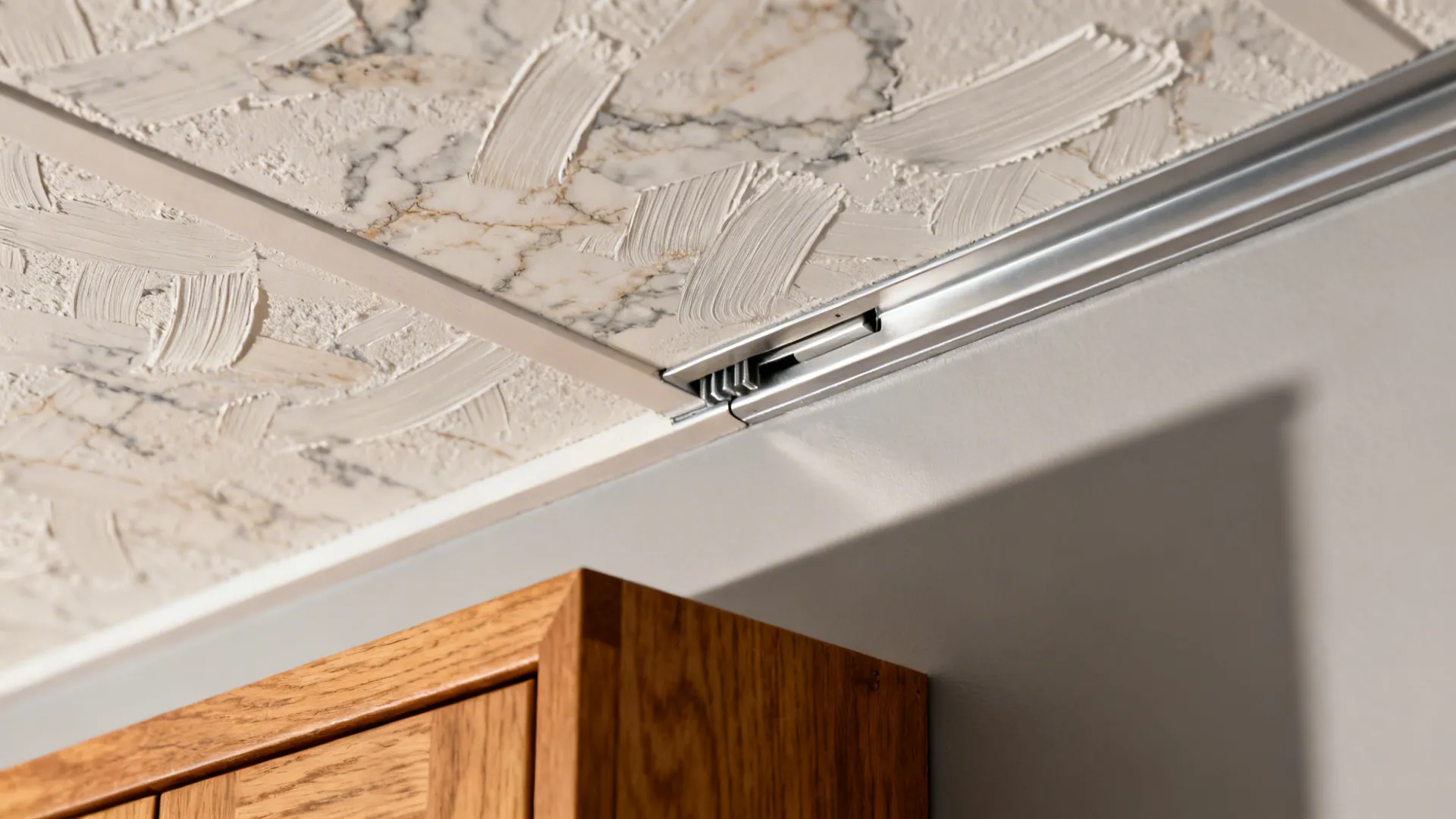 Close up of metal light fixture track on textured marble style ceiling above wooden cabinet