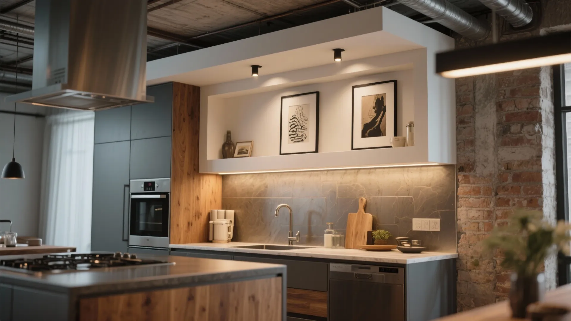 Modern kitchen with white ceiling feature holding art frames above stone backsplash and wood cabinets