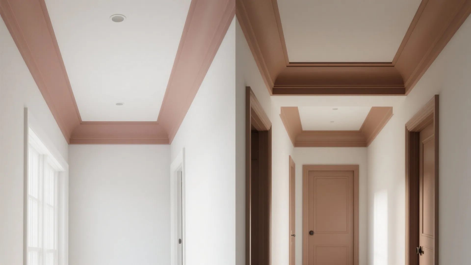 Before and after interior design drawing comparison of hallway ceiling with brown painted wall panels