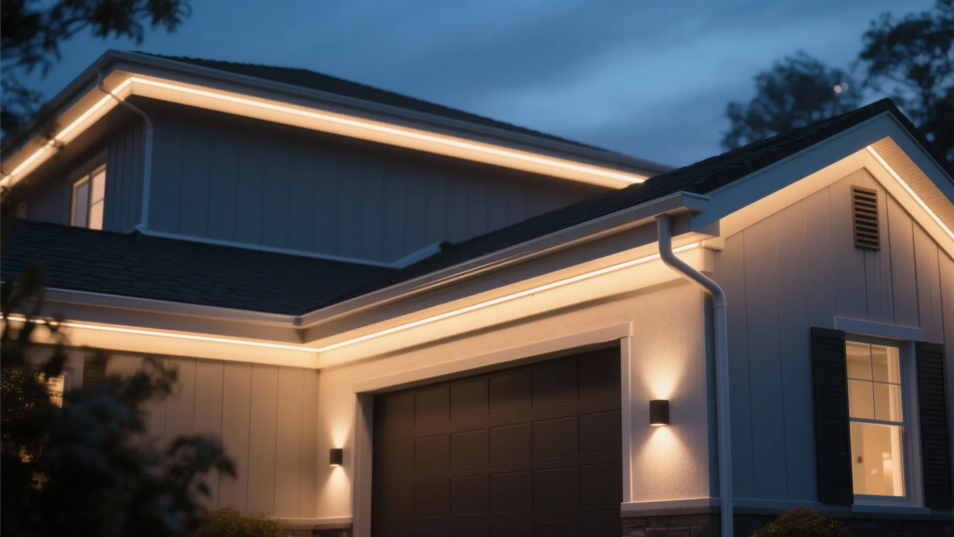 Modern house exterior at night with warm light strips installed along the white roof line