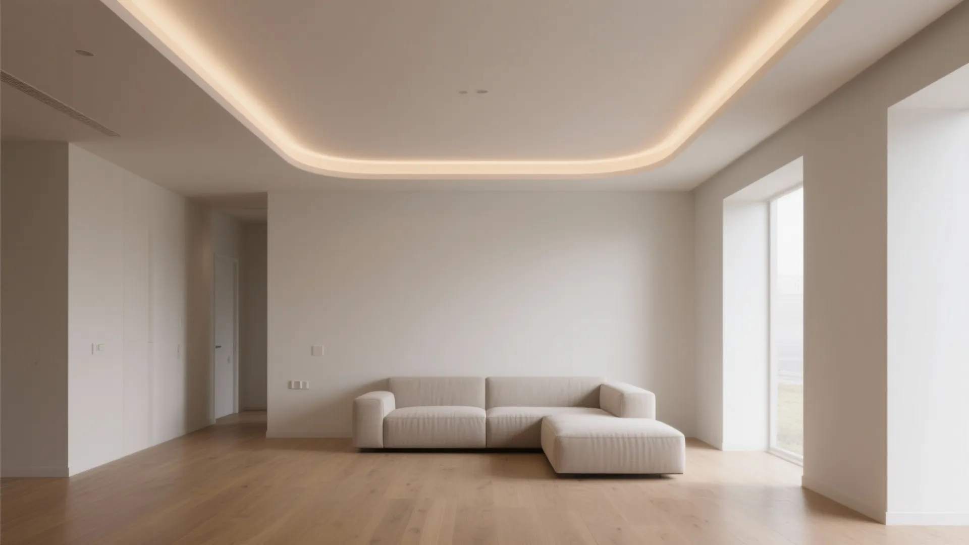 Minimalist living room with beige sofa wood floor and curved ceiling with warm hidden lighting