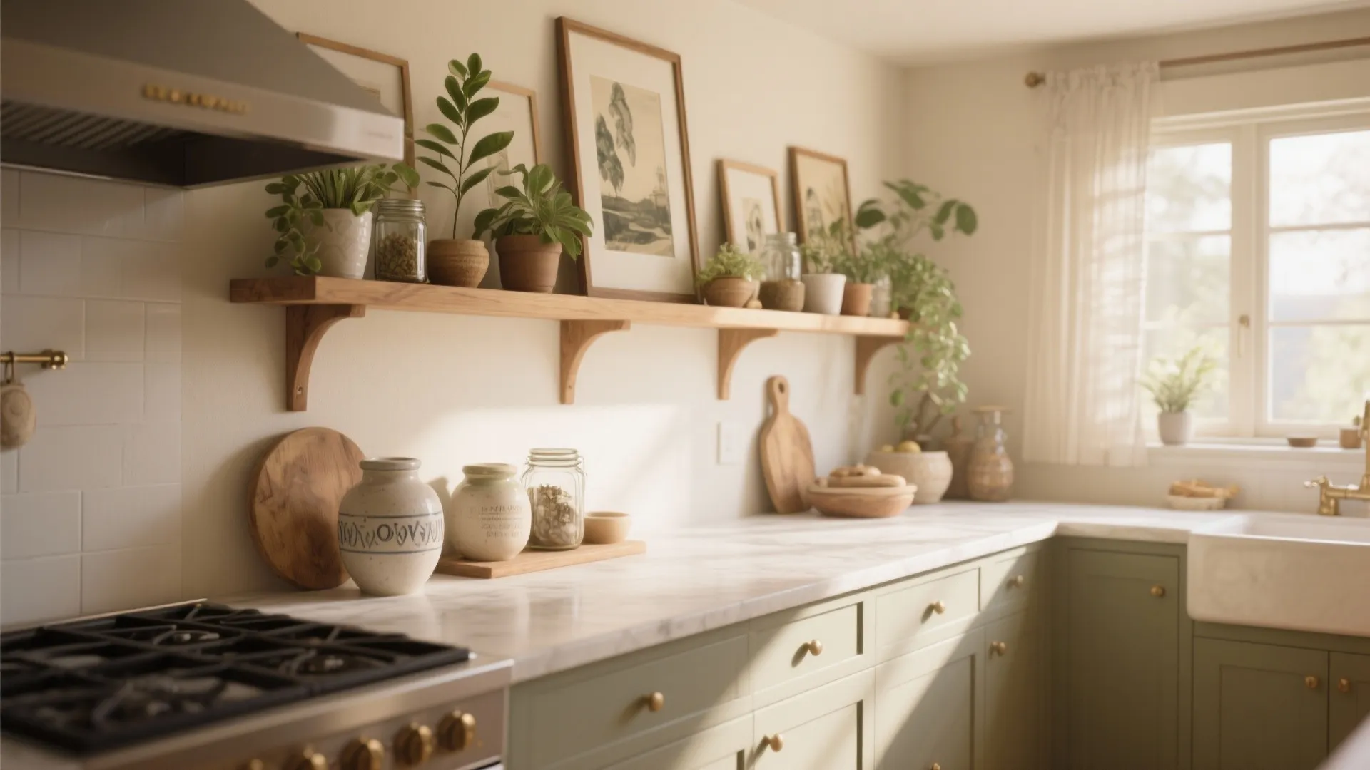 Rustic kitchen with green cabinets and a wooden wall shelf holding small plants and framed pictures