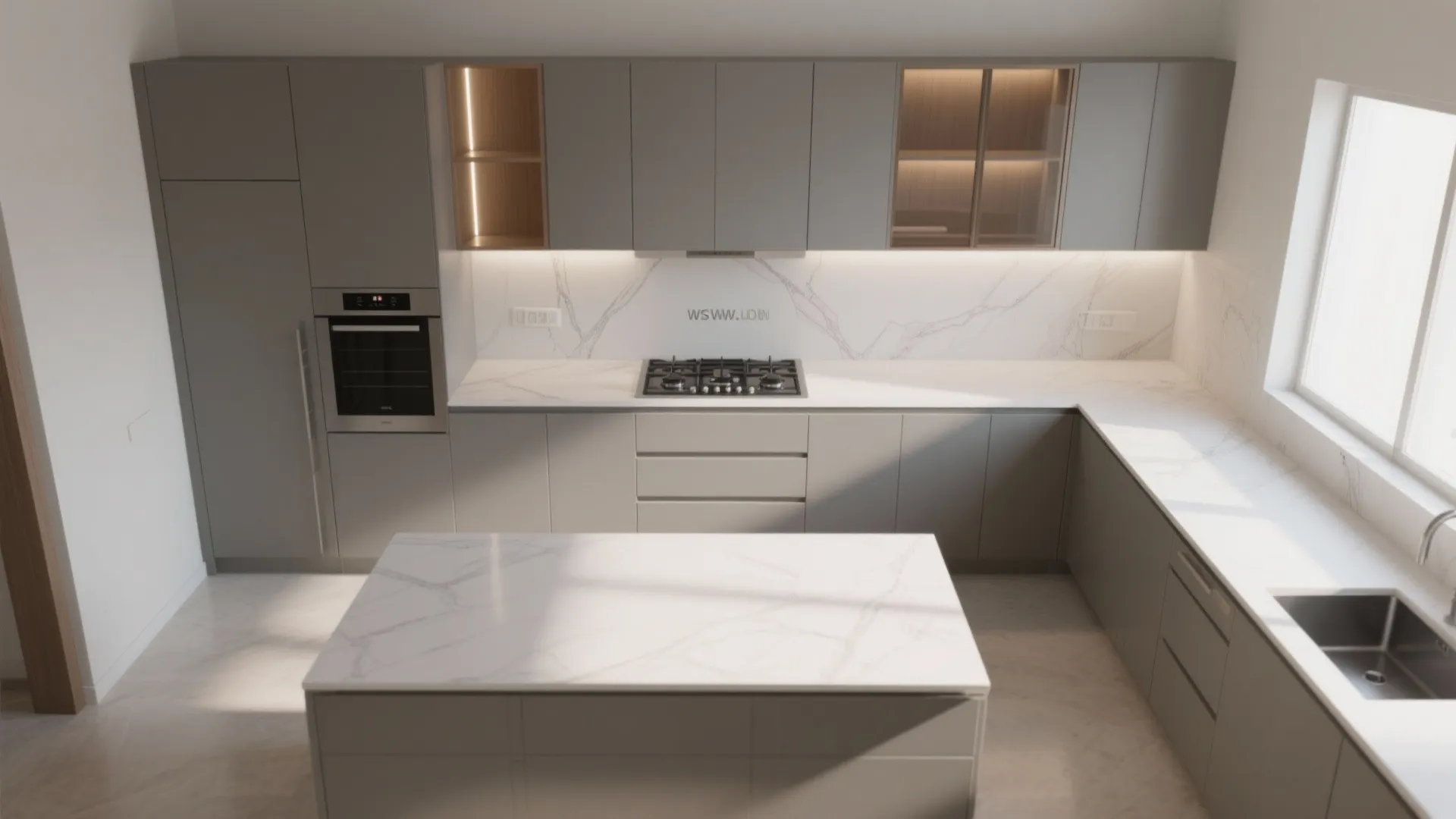 Interior design drawing of grey kitchen with island, marble countertop, windows, and built-in wall oven
