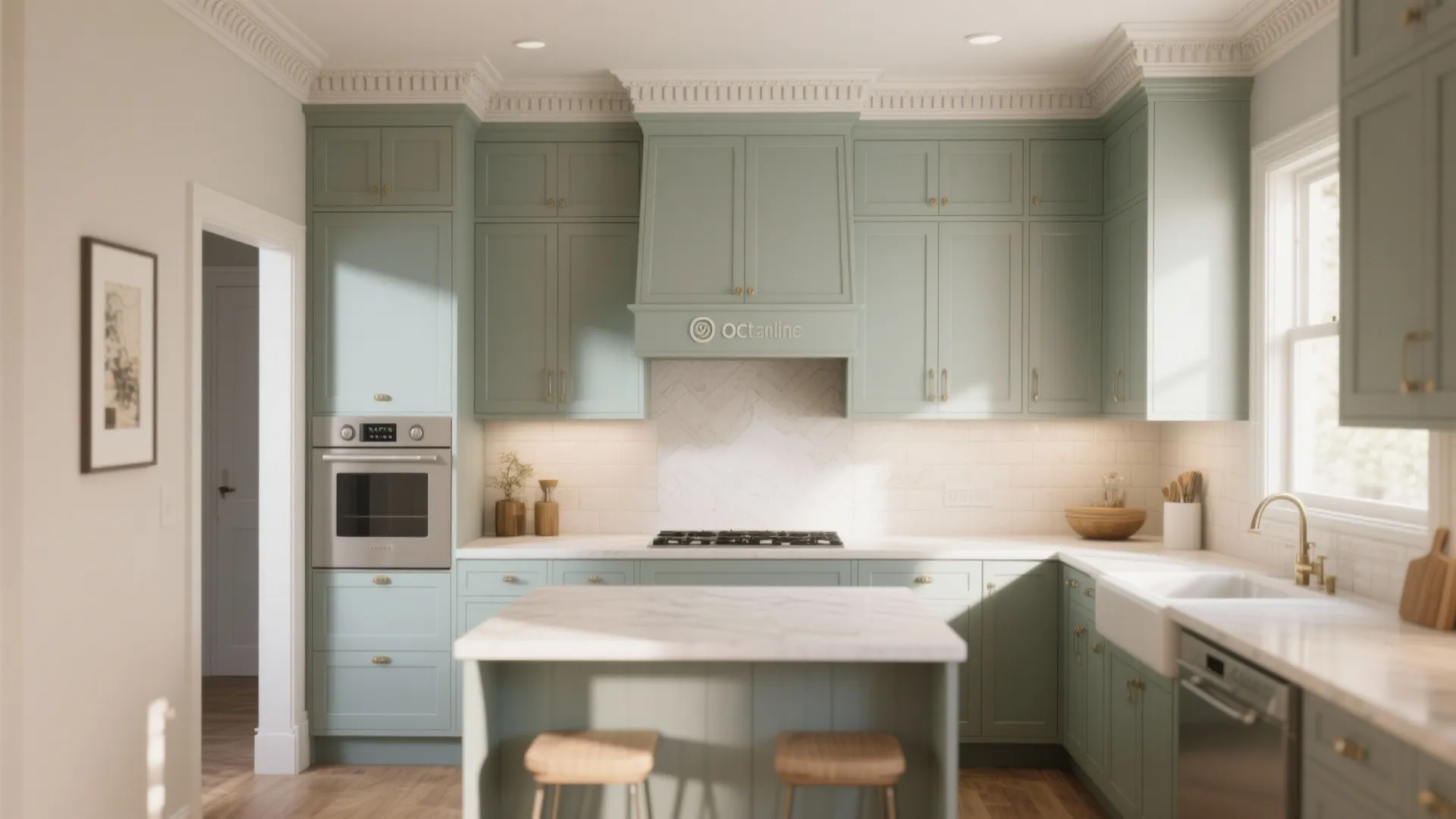 Modern sage green kitchen with marble island white tile backsplash and oven under warm sunlight