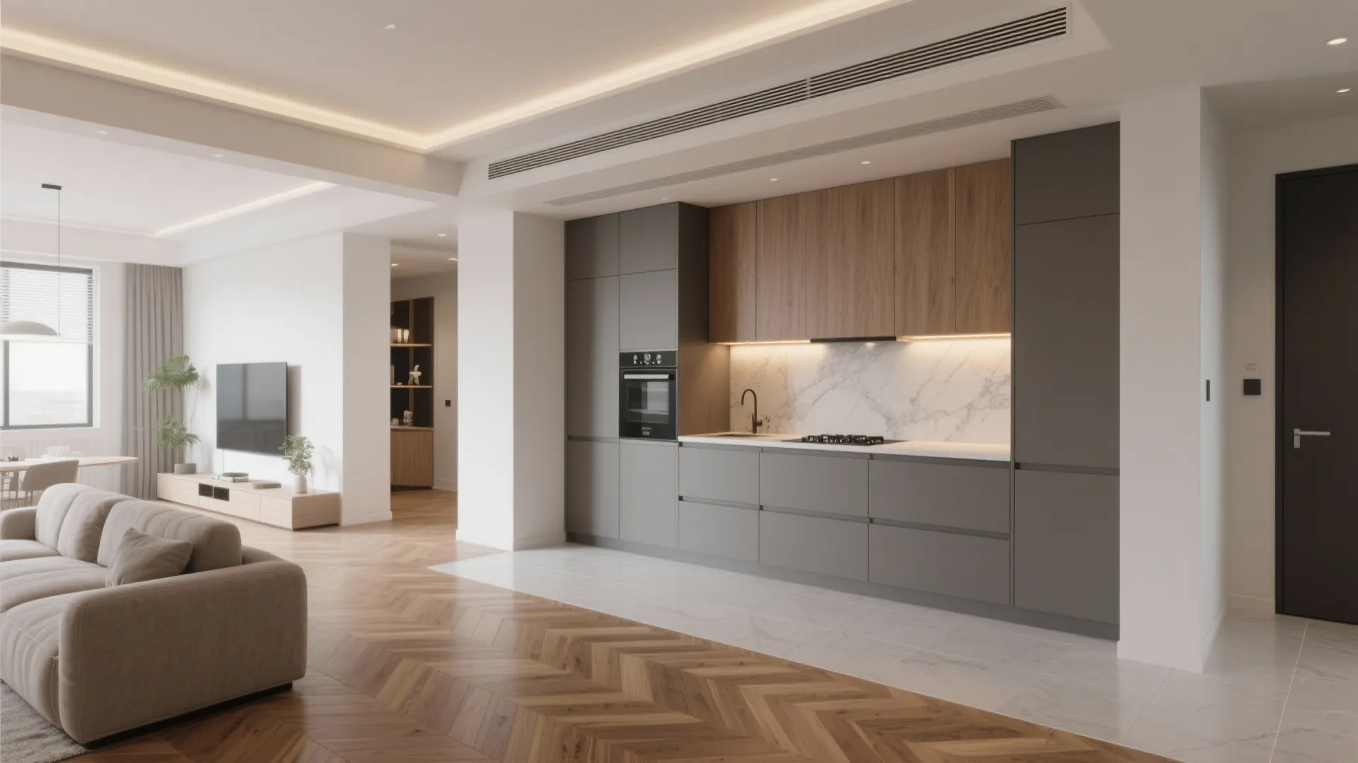 Ceiling Soffit + Flooring Transition (Soft Partition)