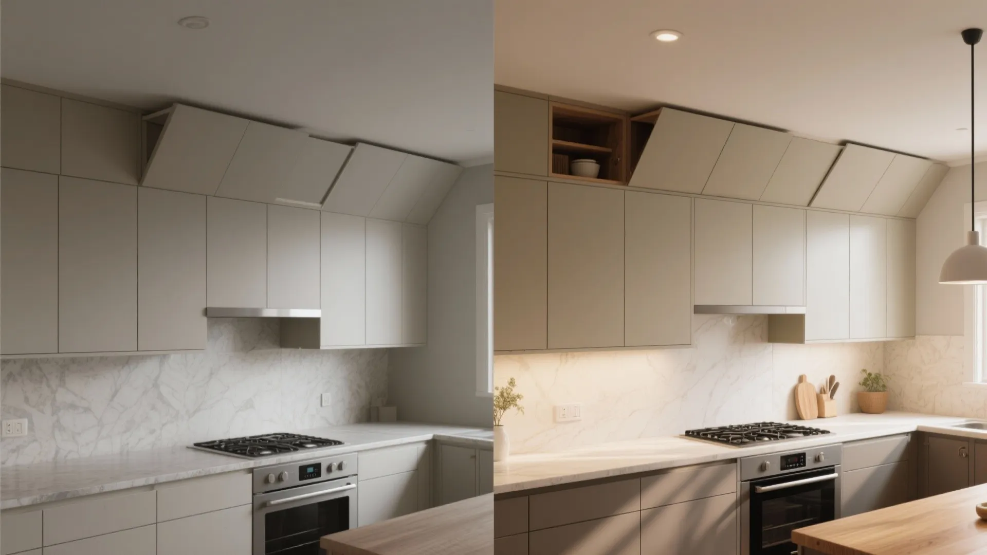 Modern kitchen with beige cabinets showing hidden storage above cabinets and a stainless steel oven stove