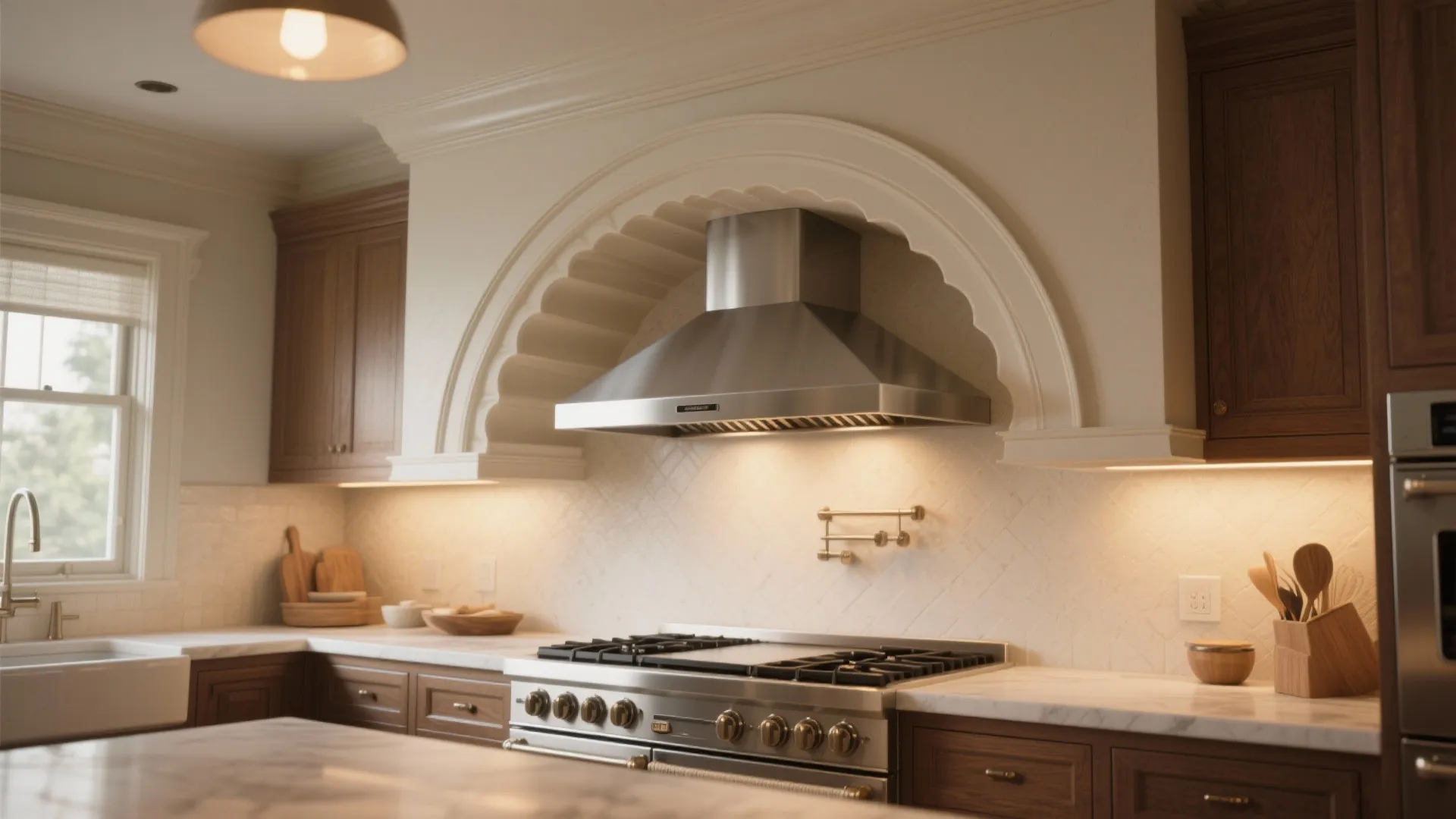 5. Frame appliances or range hoods with a sculptural soffit