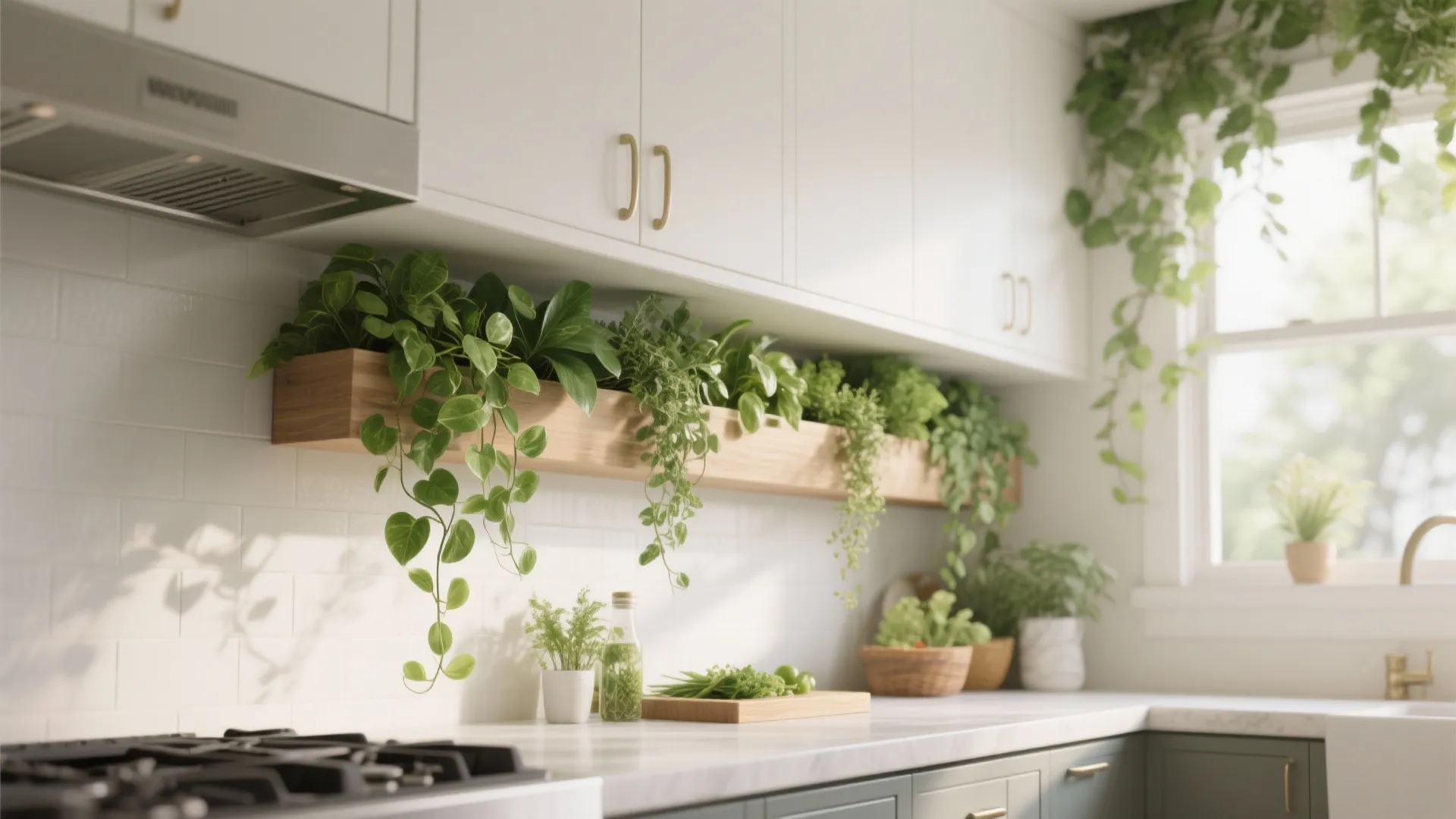 White kitchen with green plants in wooden wall panel shelf above marble countertop and stove