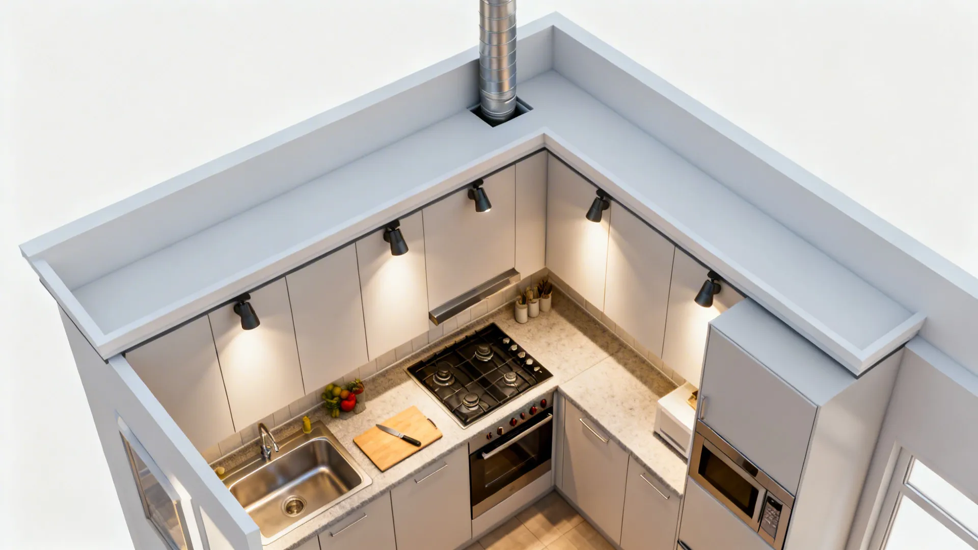 Top-down view of soffit alignment with cabinets, concealed ducting, and spotlight positions over cook and prep areas.