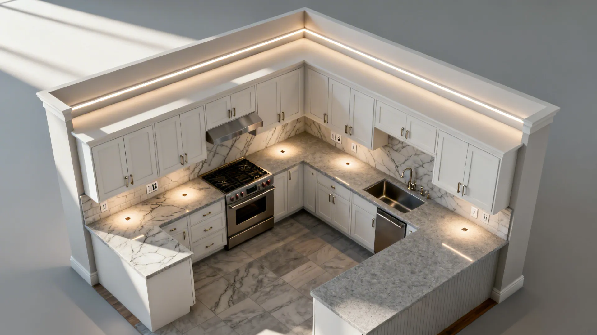 Top-down view shows a perimeter soffit with continuous LEDs creating bright counter zones in a small kitchen.
