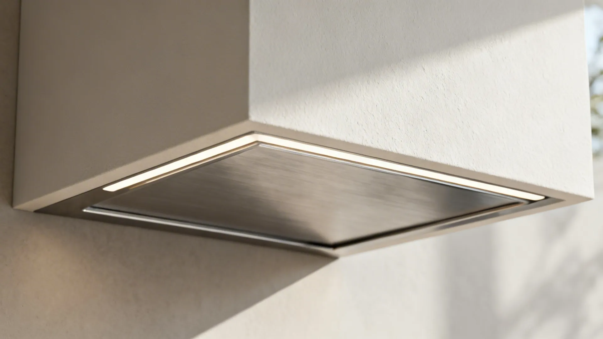 Macro detail of an insert hood within a soffit with integrated linear LED lighting.