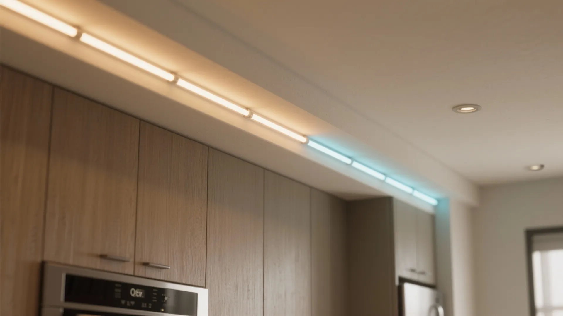 Kitchen cabinets with LED light strips showing warm yellow and cool blue color light effects
