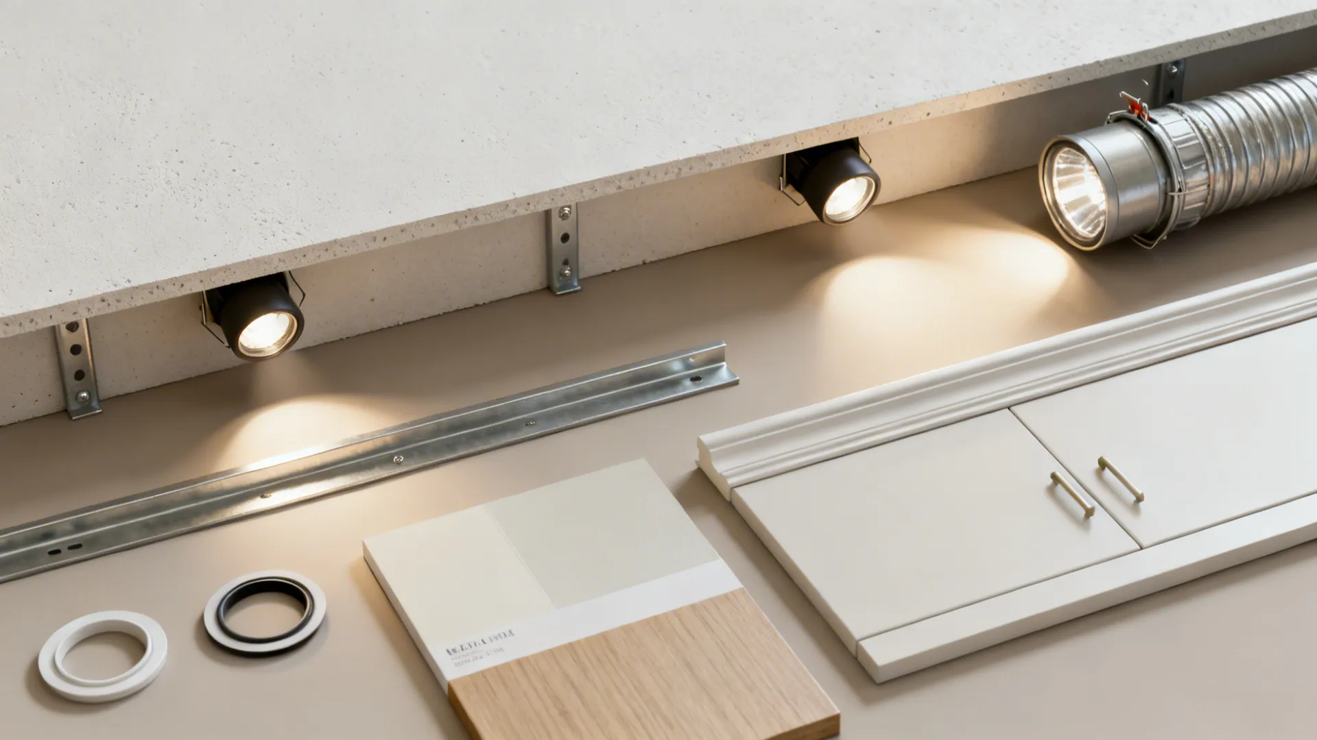 Flatlay of slim soffit materials including gypsum board, metal studs, duct sleeve, and tight-beam spotlights.