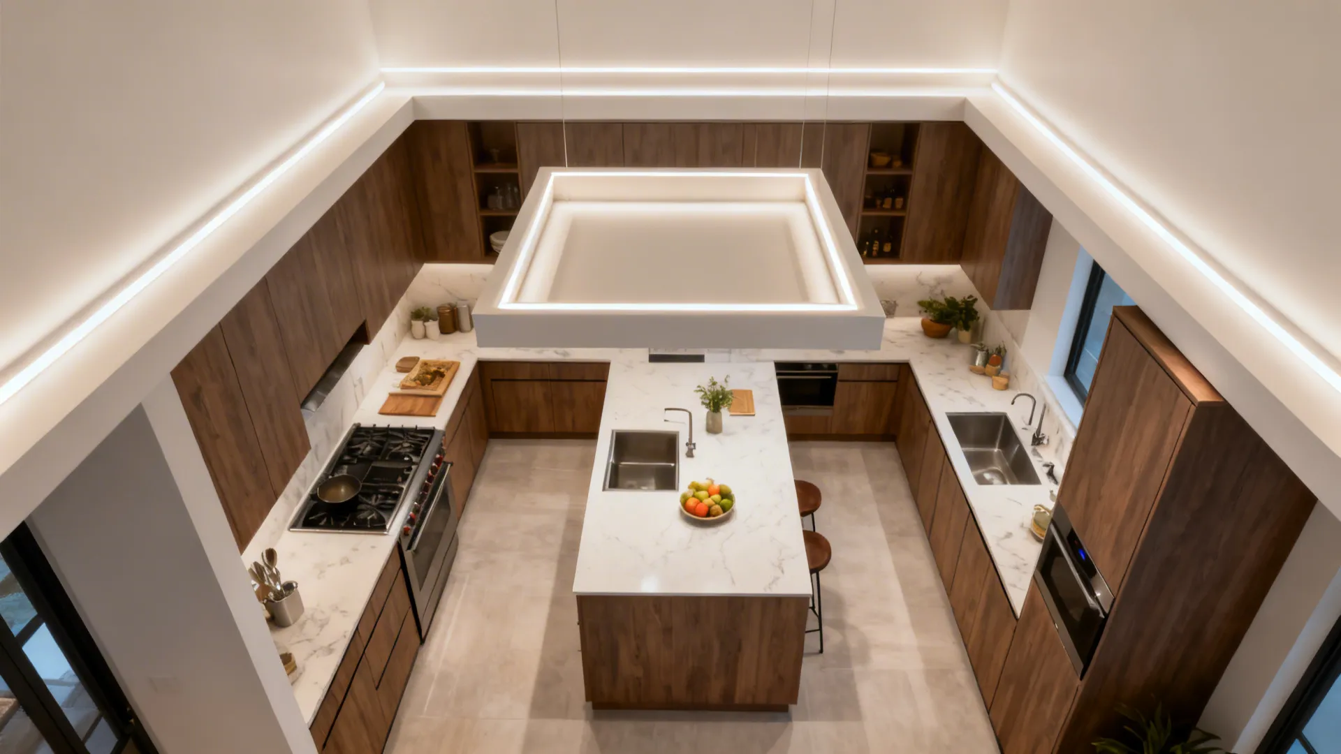 Top-down view of a kitchen plan with a shallow perimeter soffit and a higher central tray highlighted by linear LEDs.