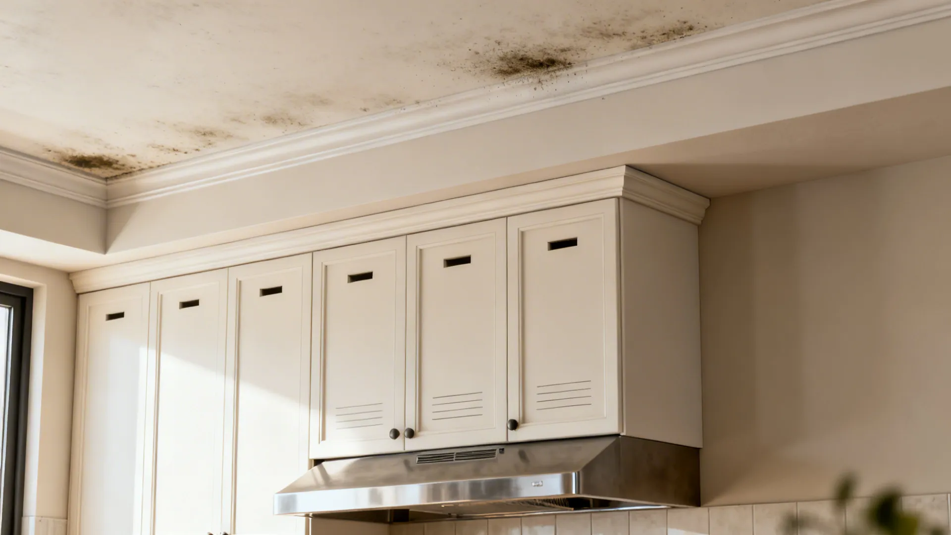 Before-and-after showing soffits replaced by a box-built topper with crown and hidden storage.