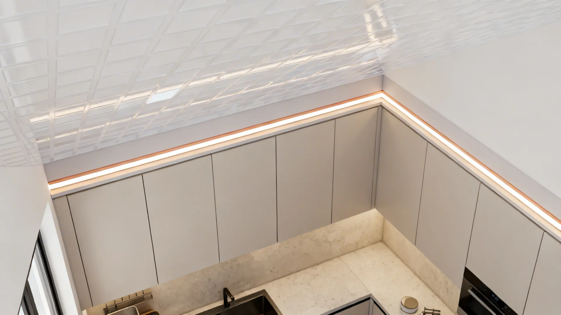 Top-down view showing PVC ceiling panel grid, soffit line, and LED channel locations.