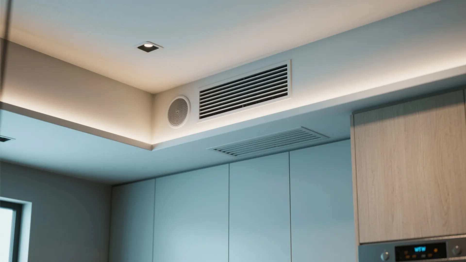 Kitchen ceiling showing a white air vent and a circular speaker with warm strip light fixture