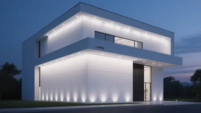 Modern Commercial Building Facade Design with Strategic Lighting