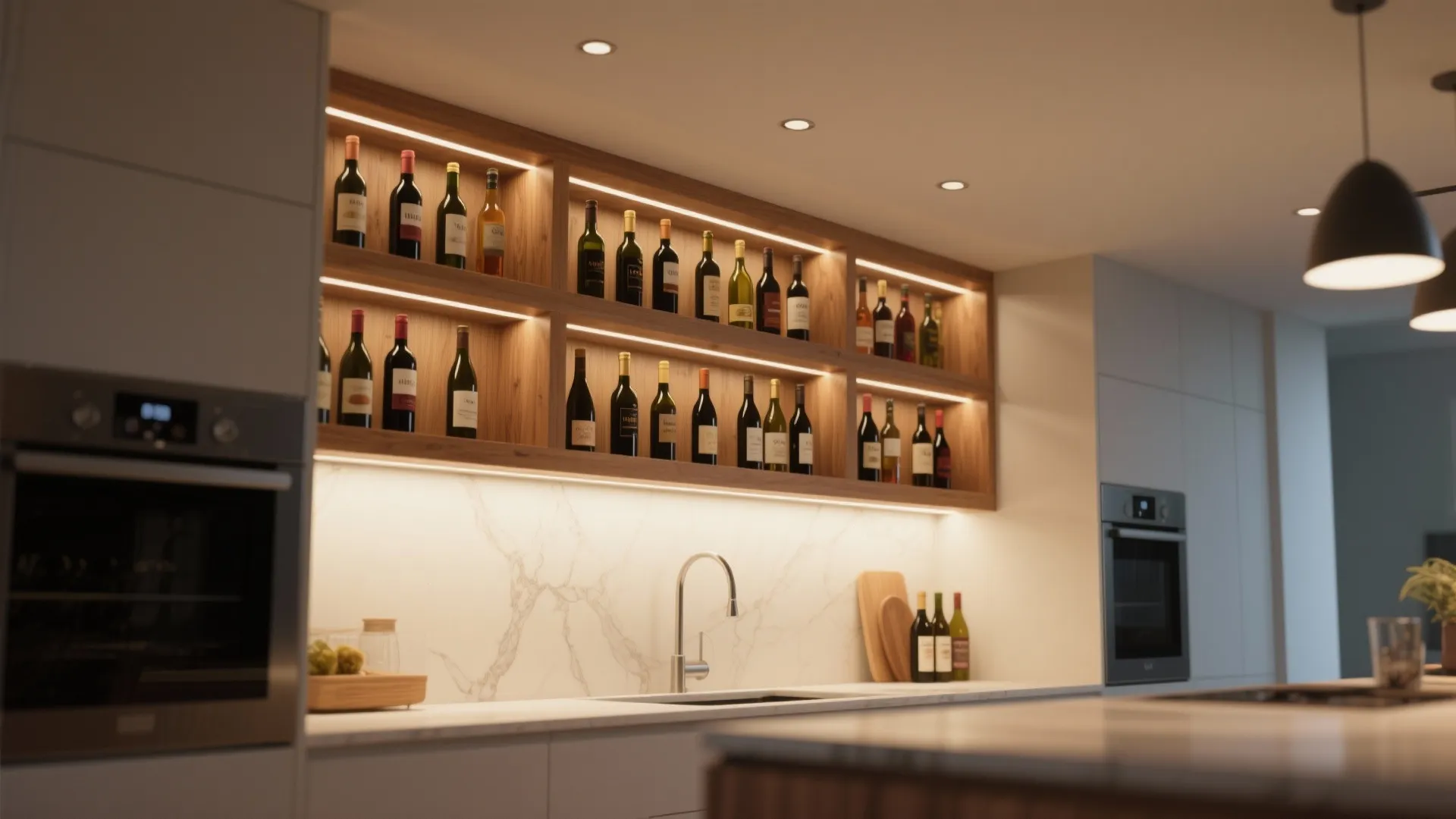 Modern kitchen with wooden wine rack shelves above a marble wall and sink with light fixtures