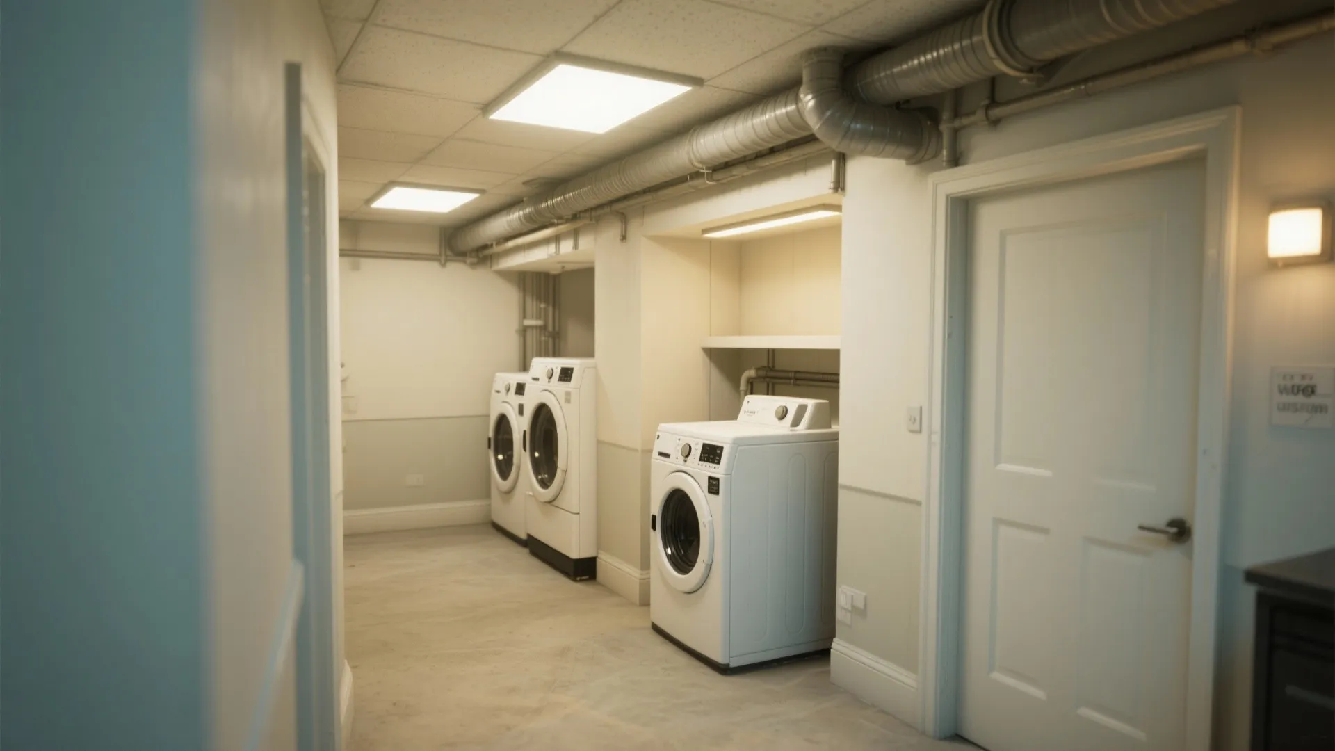 Basement laundry room with white washing machines exposed ceiling pipes white walls and bright lighting