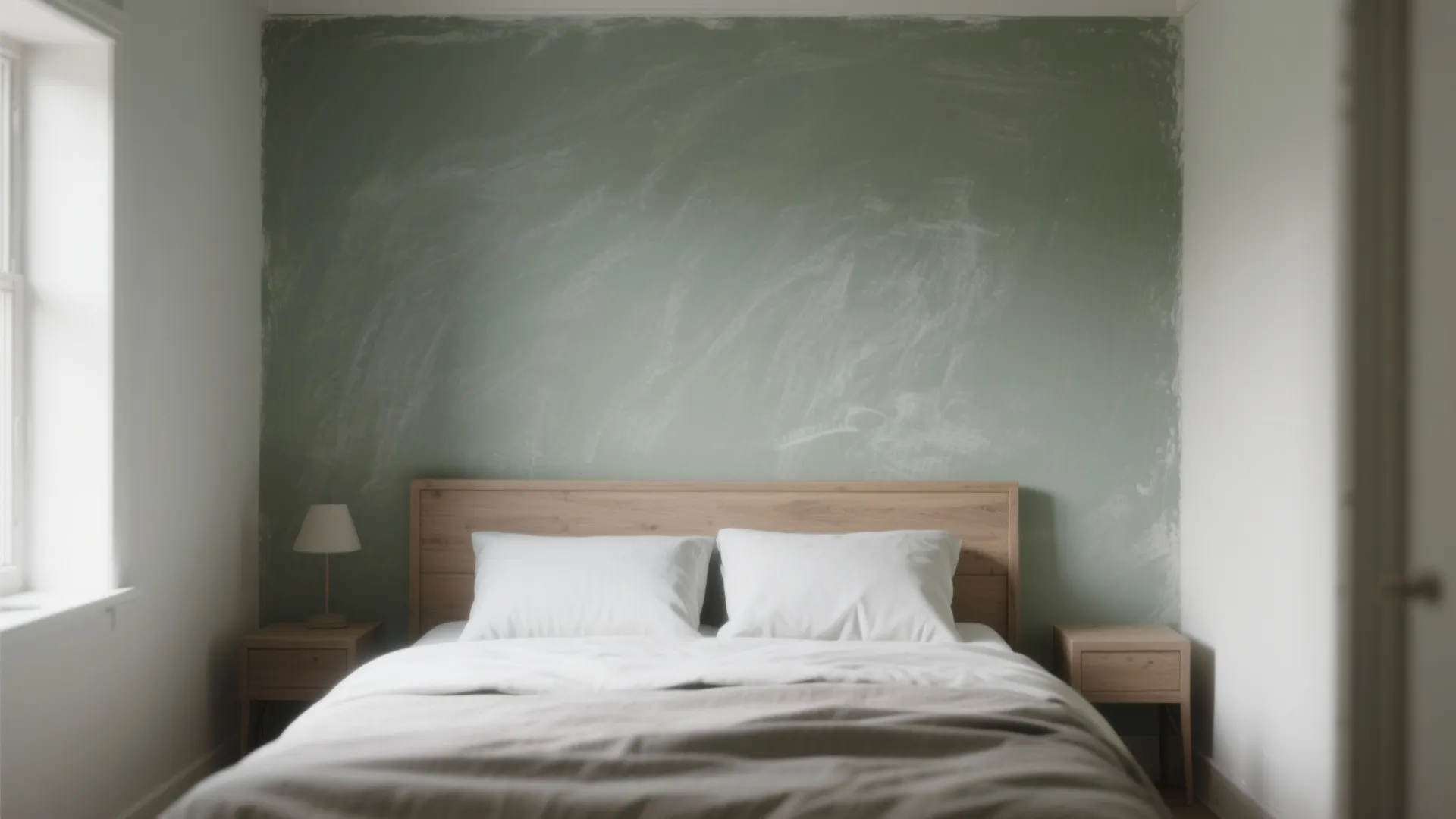 Minimalist bedroom featuring a green accent wall wooden bed frame white bedding and small bedside lamps