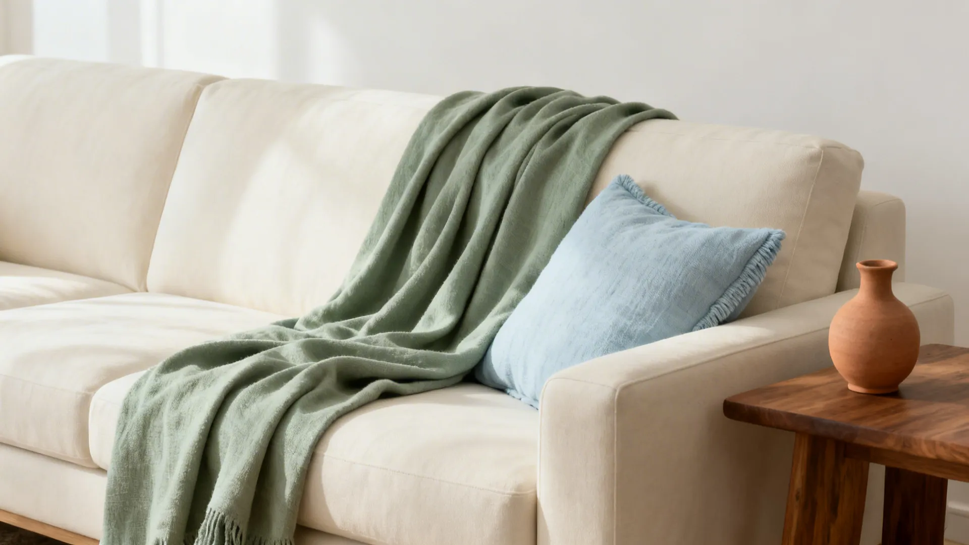 Muted sage throw and pale blue pillow on a cream sofa with a terracotta vase nearby