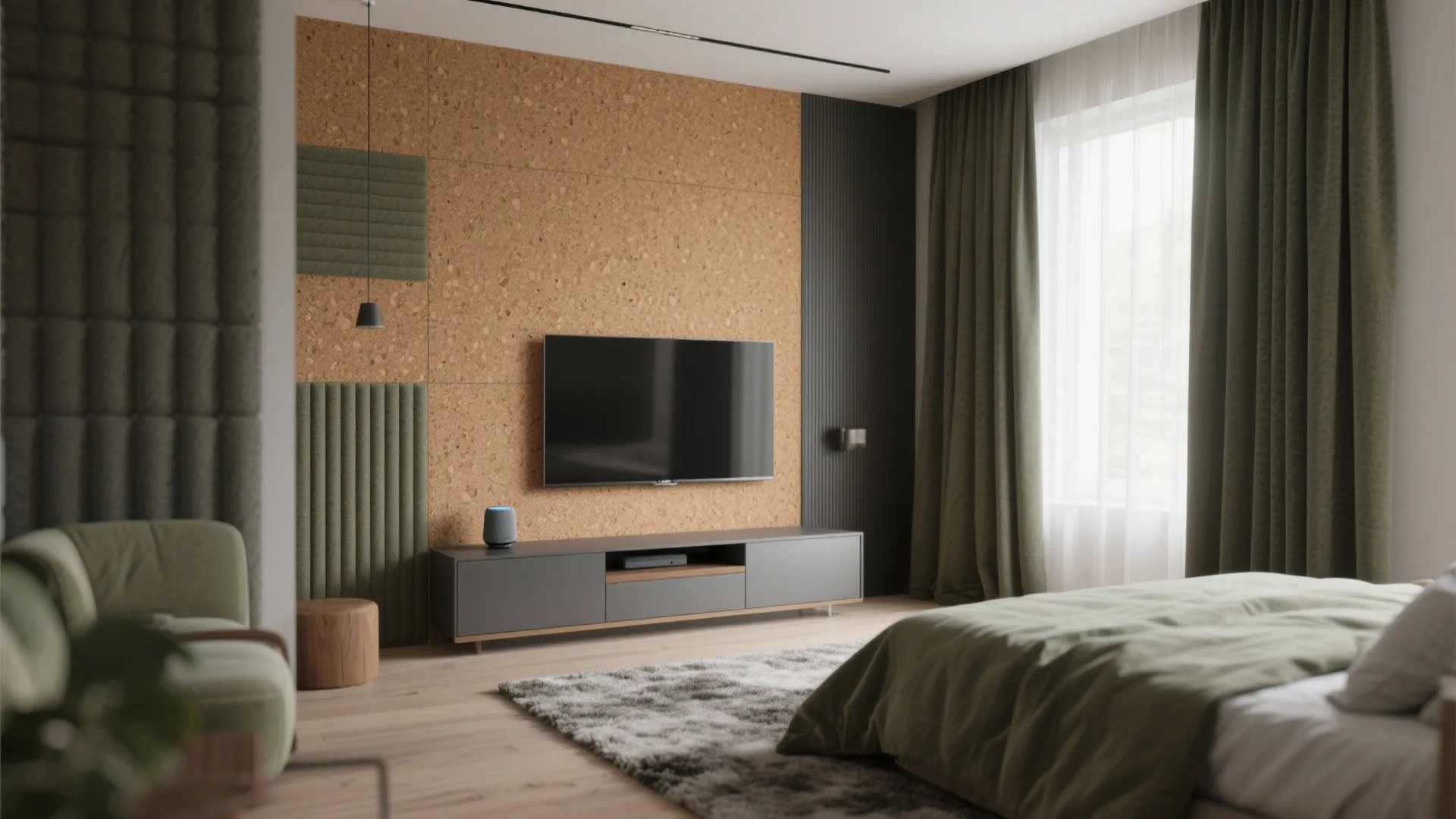 Modern interior design drawing showing green curtains, cork wall, grey cabinet, television, and soft rug