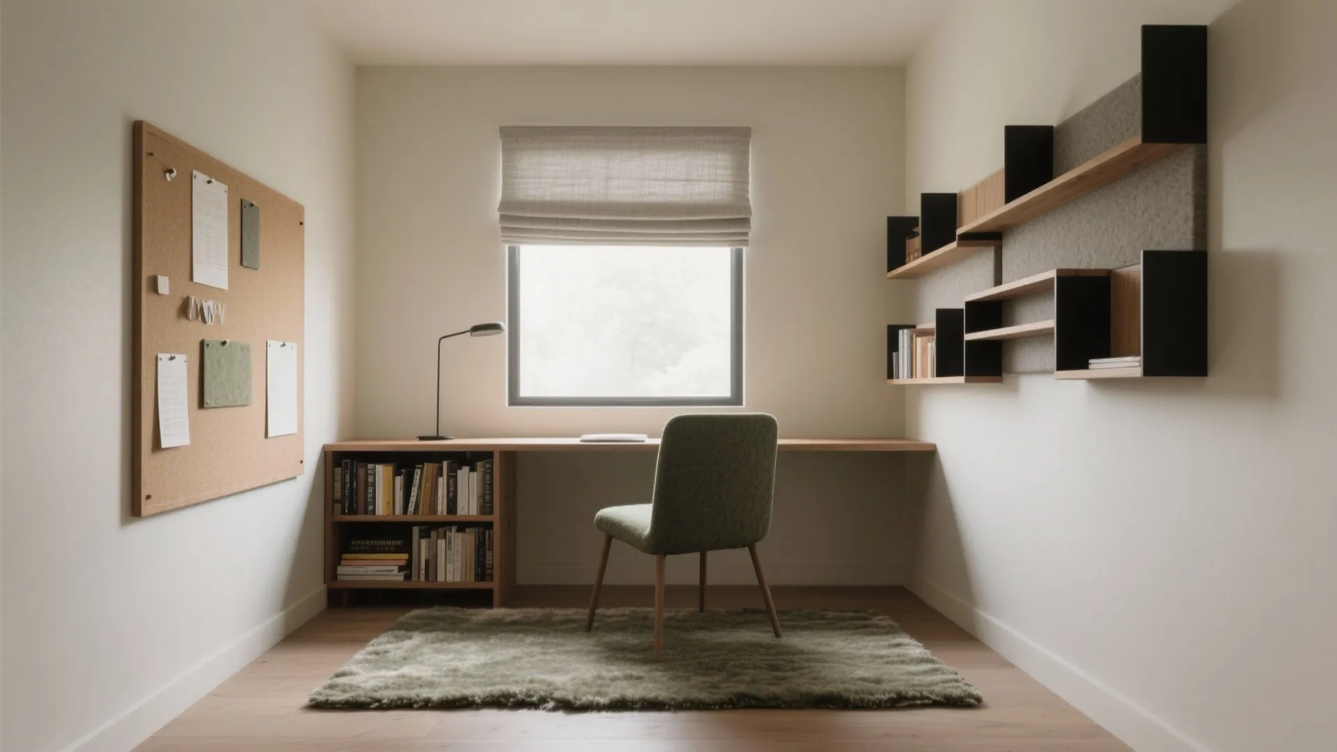 Minimalist home office with wooden desk green chair wall shelves curtain and green area rug
