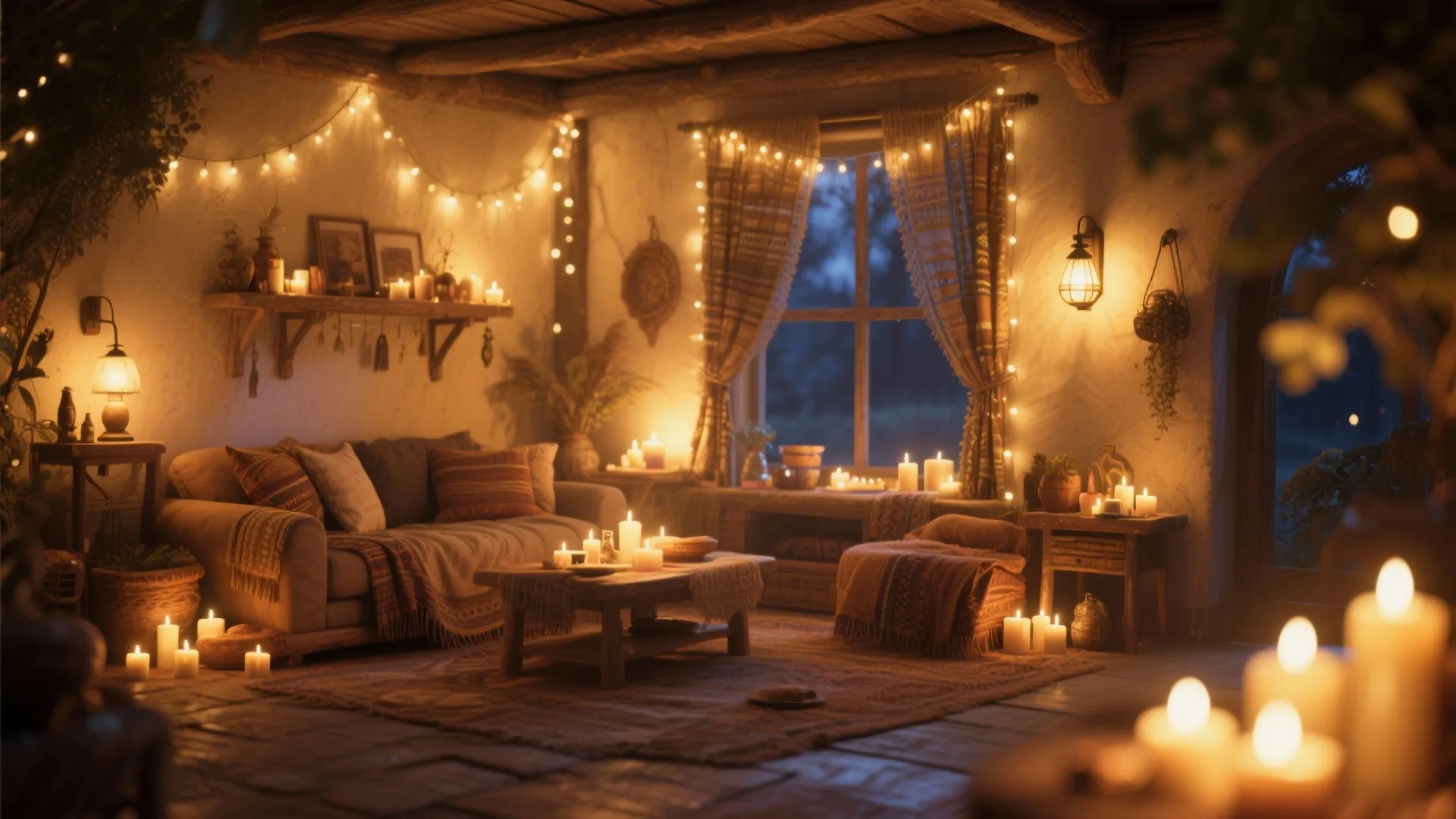 Cozy rustic living room with many candles string lights sofa wooden coffee table and warm atmosphere