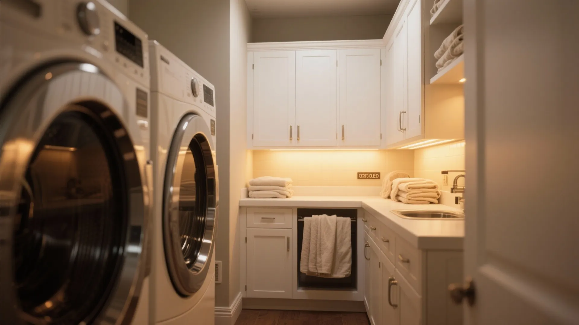 White laundry room with washing machines wooden floor warm under cabinet lighting and neatly folded towels