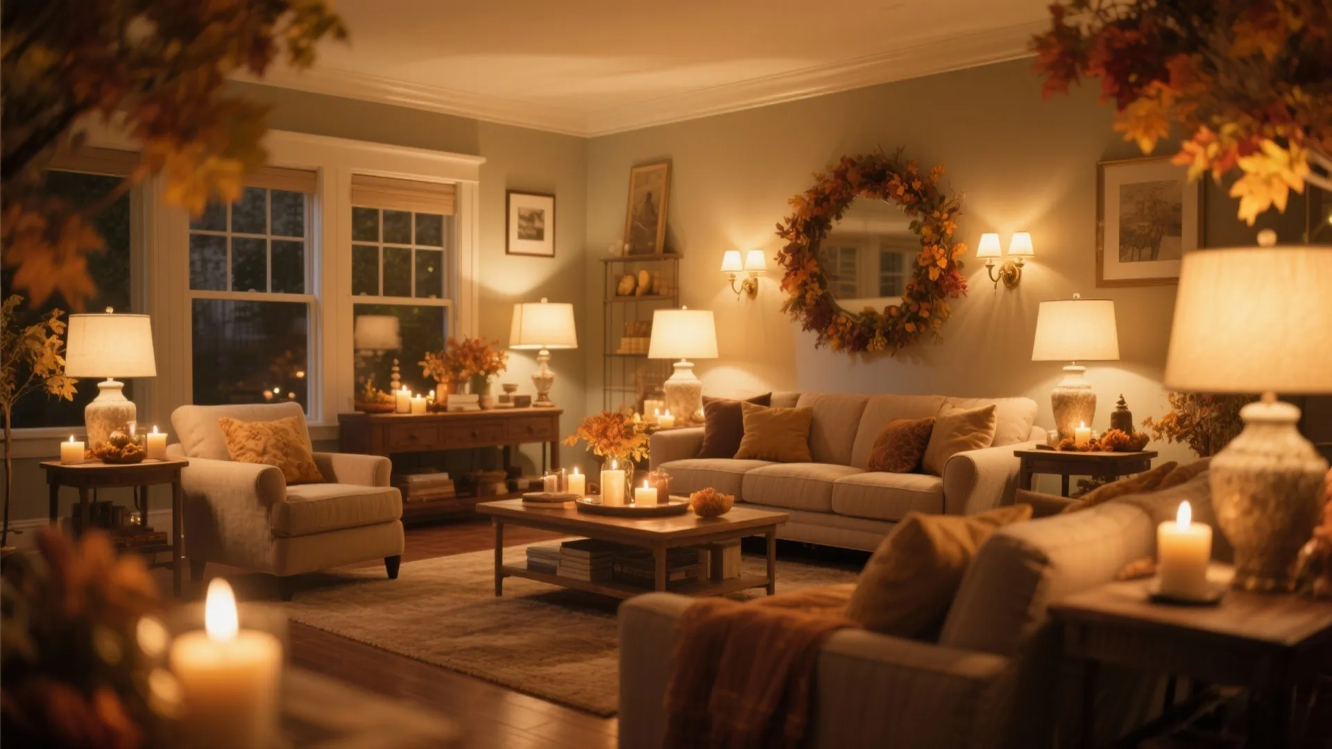 Cozy living room with warm light from table lamps and candles creating a relaxing atmosphere