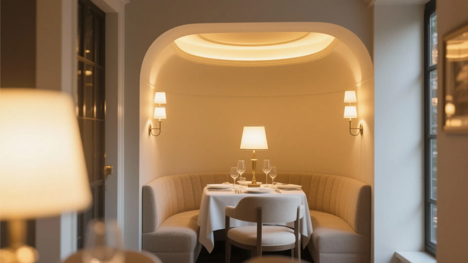 Cozy dining alcove with curved booth seating table lamp and warm wall light fixture glow