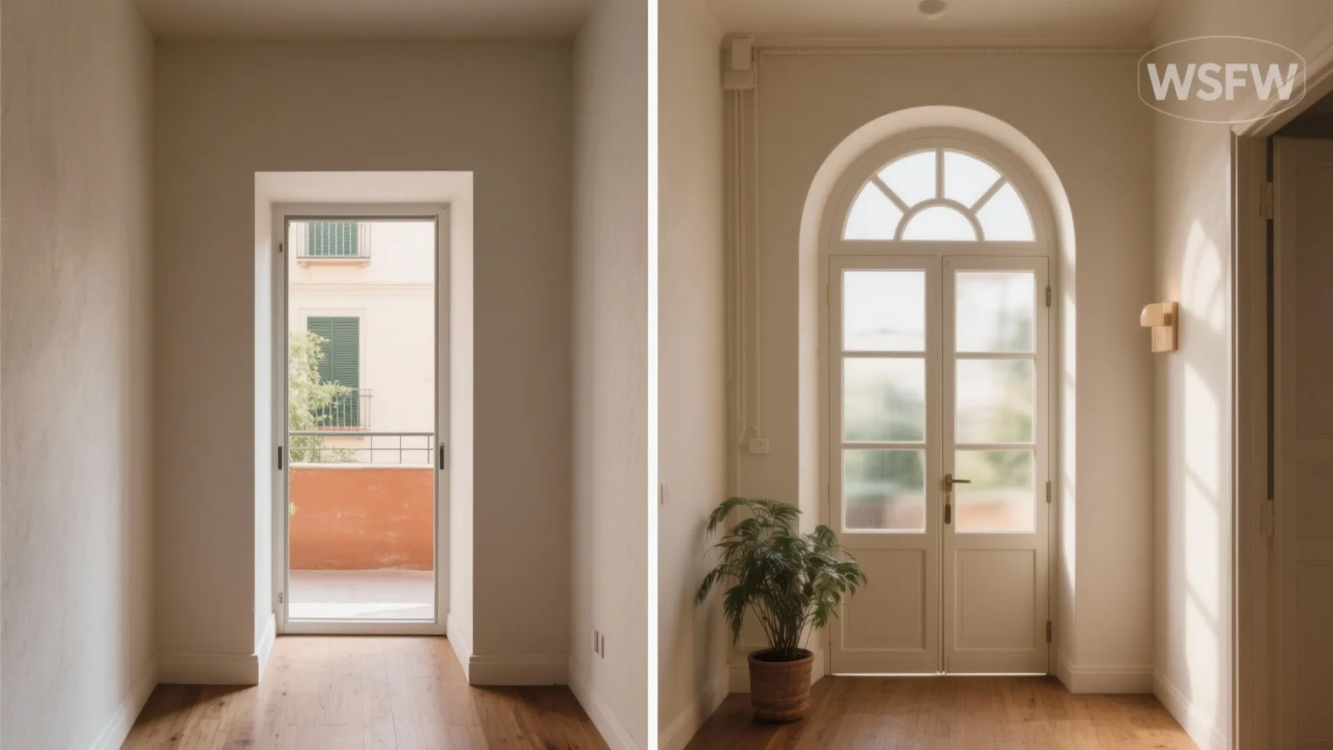 Interior design drawing comparing simple rectangular glass door with an elegant arched white glass door