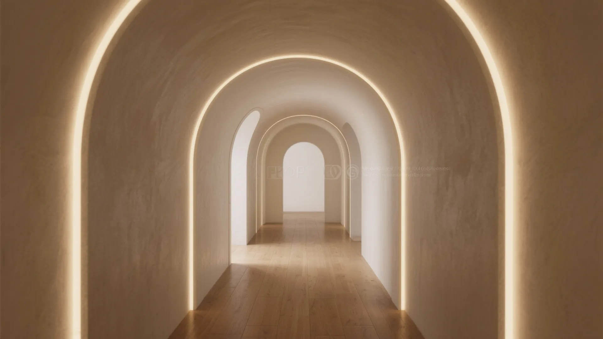 A long hallway featuring multiple curved arched doorways with warm light strips and wood floors