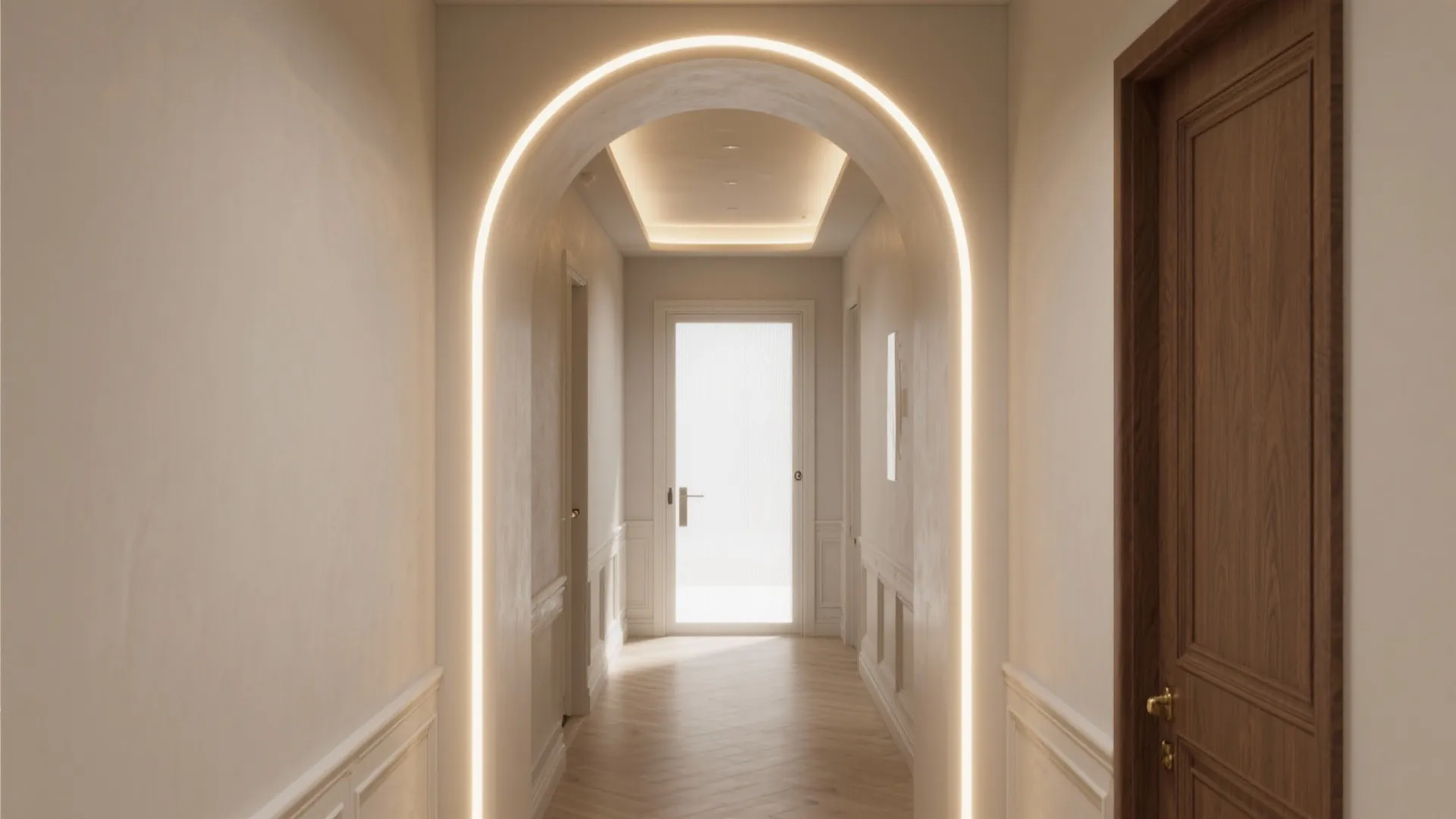 Modern hallway with arched doorway featuring integrated strip lighting wood flooring and cream white wall panels