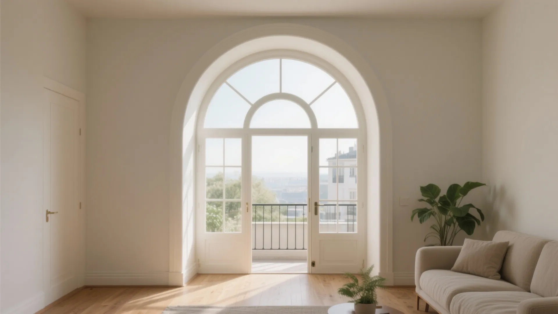 Bright living room featuring a large arched window, wooden floor, white walls, and beige sofa