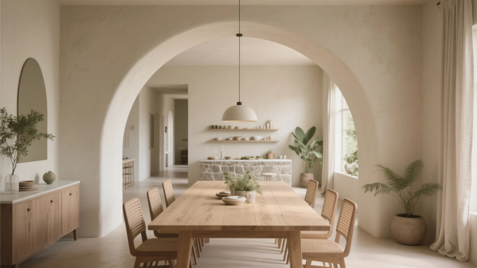 Spacious dining room featuring long wooden table chairs large arch wall and cream colored curtains