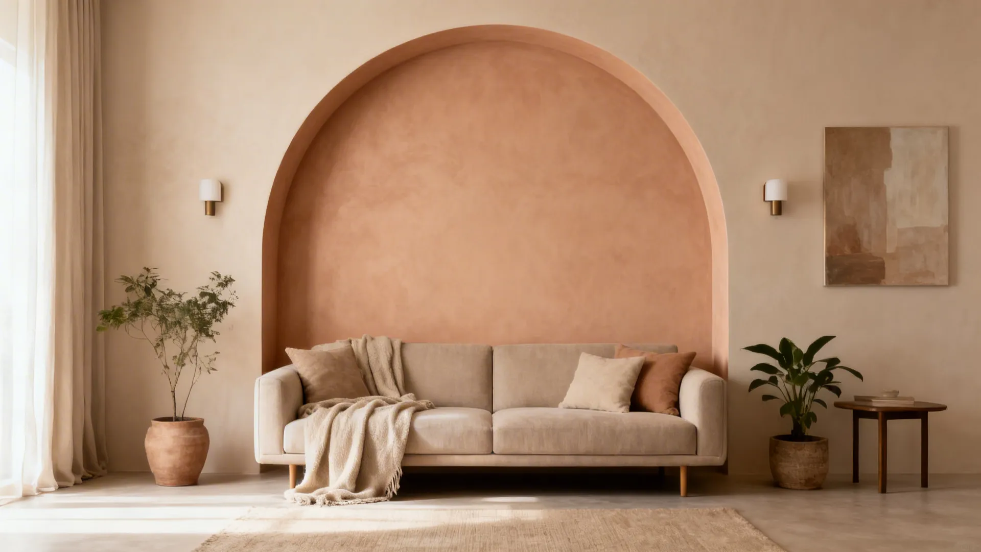 Nude-toned arch wall decal behind a sofa, subtly zoning a small living area.