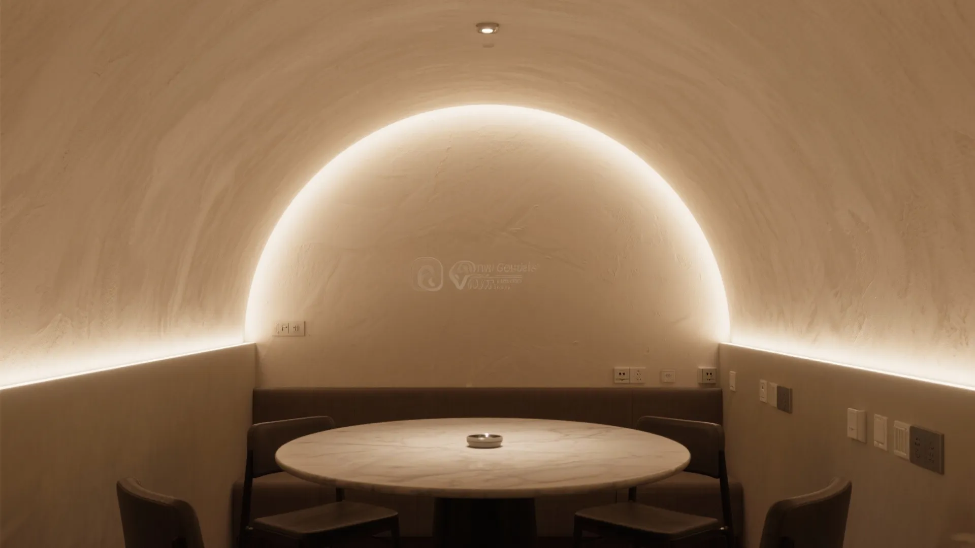 Minimalist dining area with round marble table and curved wall feature with soft hidden lighting
