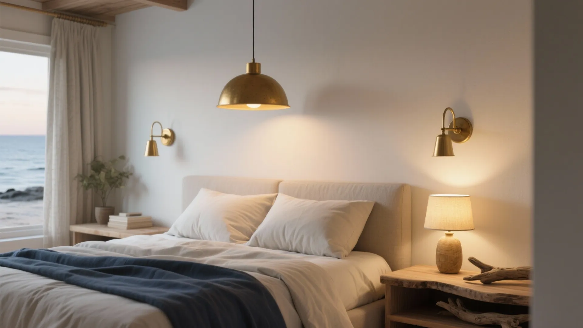 Bedside vignette showing layered warm pendant, brass wall sconces, and a dimmable bedside lamp in a coastal bedroom.