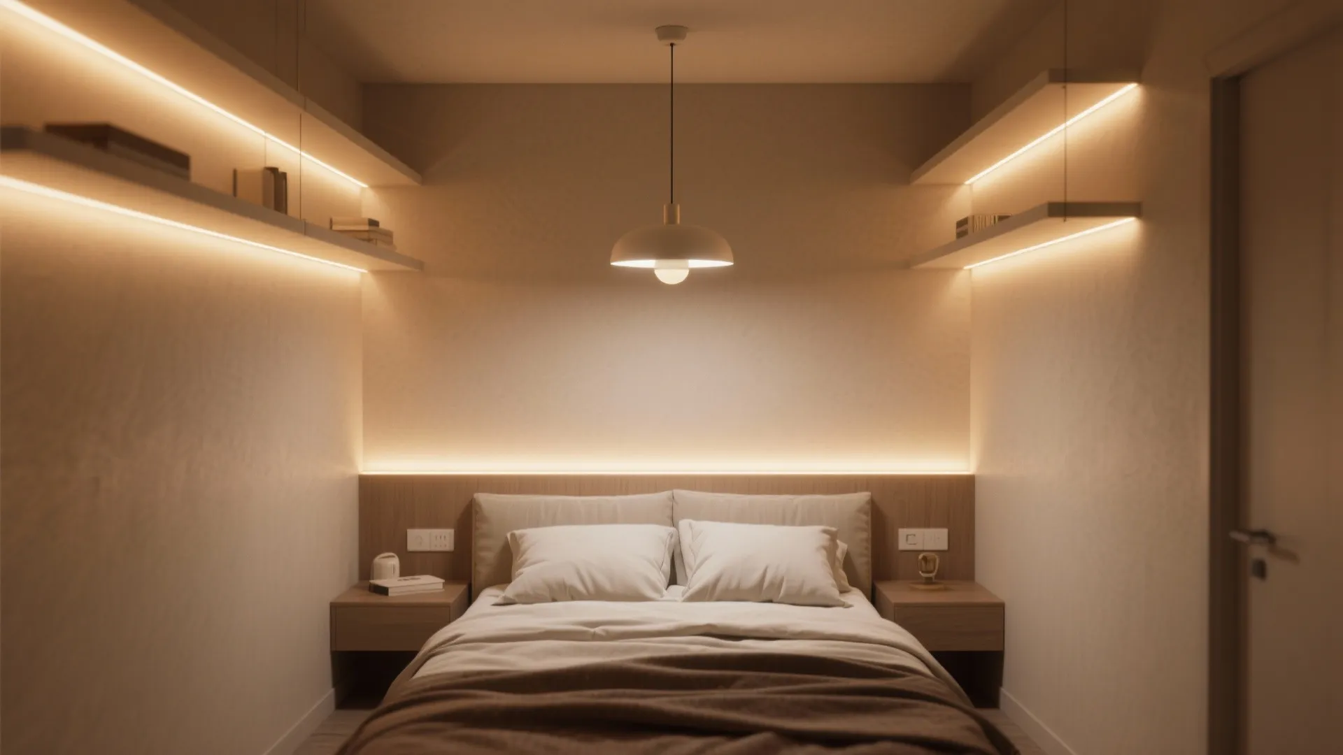 Small bedroom with warm LED strips and pendant lamp