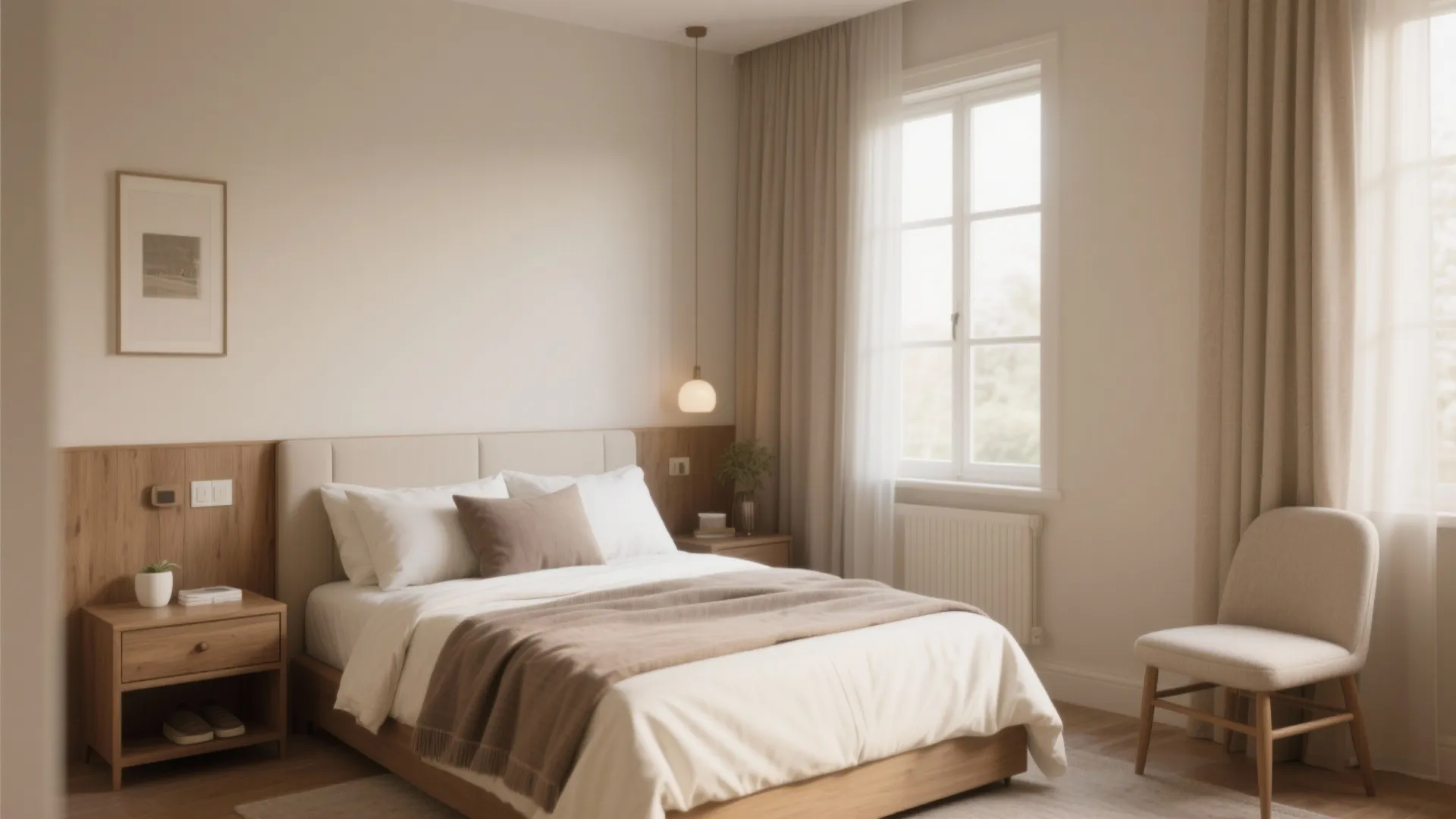 Soft beige bedroom design with wooden headboard cream chair hanging light fixture and neutral color curtains