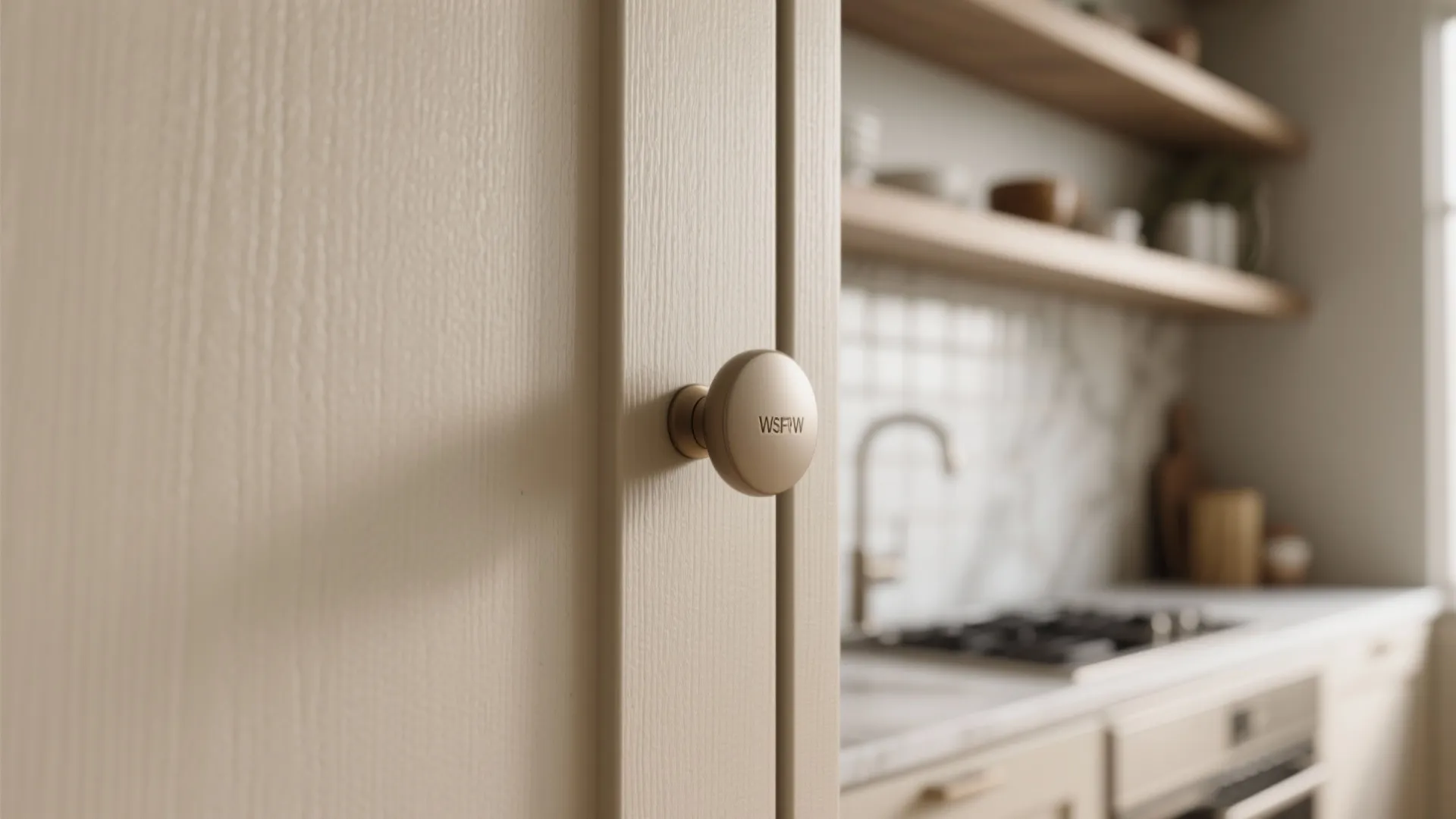 Close-up of soft beige cabinet finish and tactile knob with neutral undertones