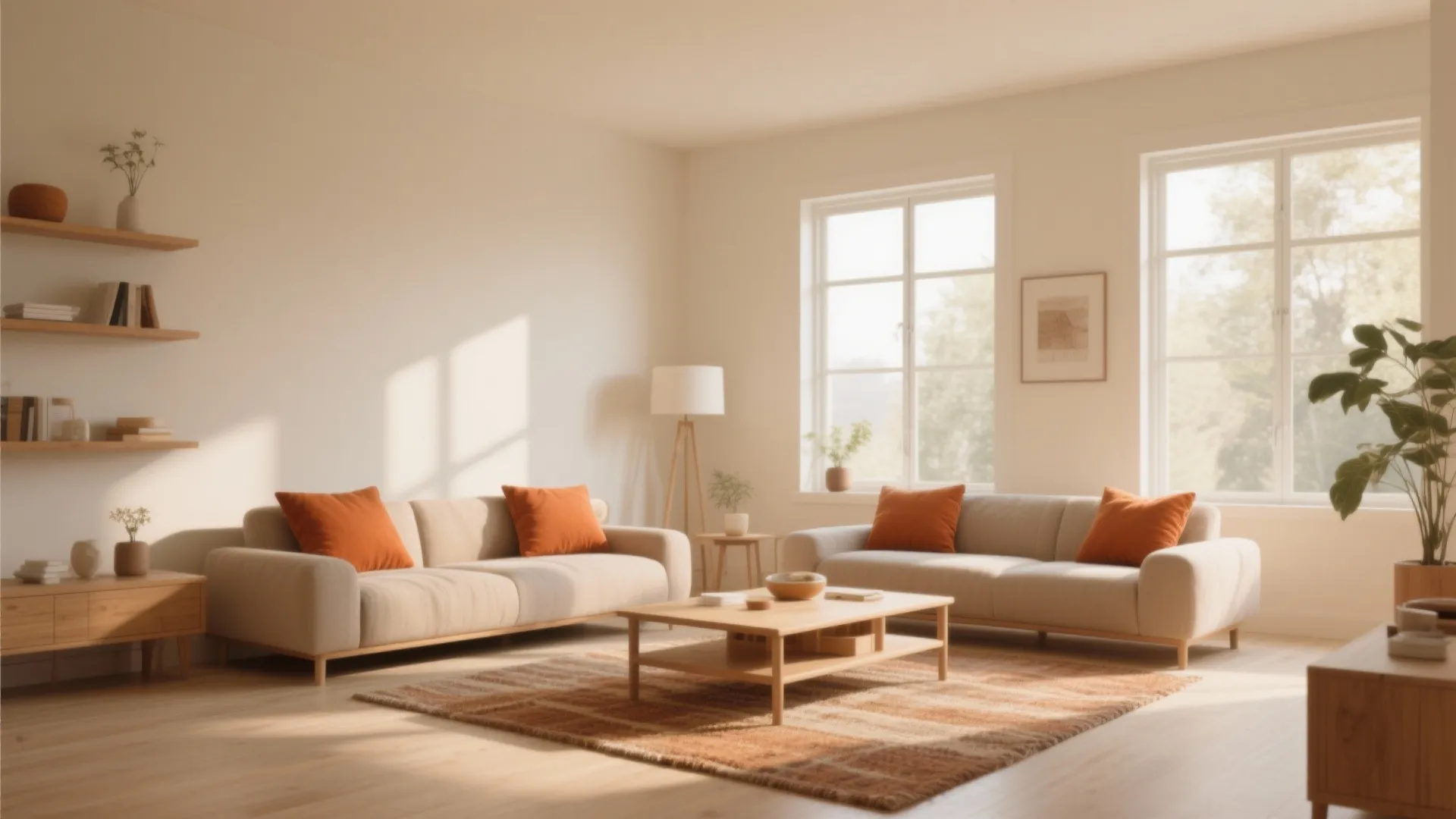 Bright minimal living room with beige sofas orange pillows wooden coffee table and large white windows