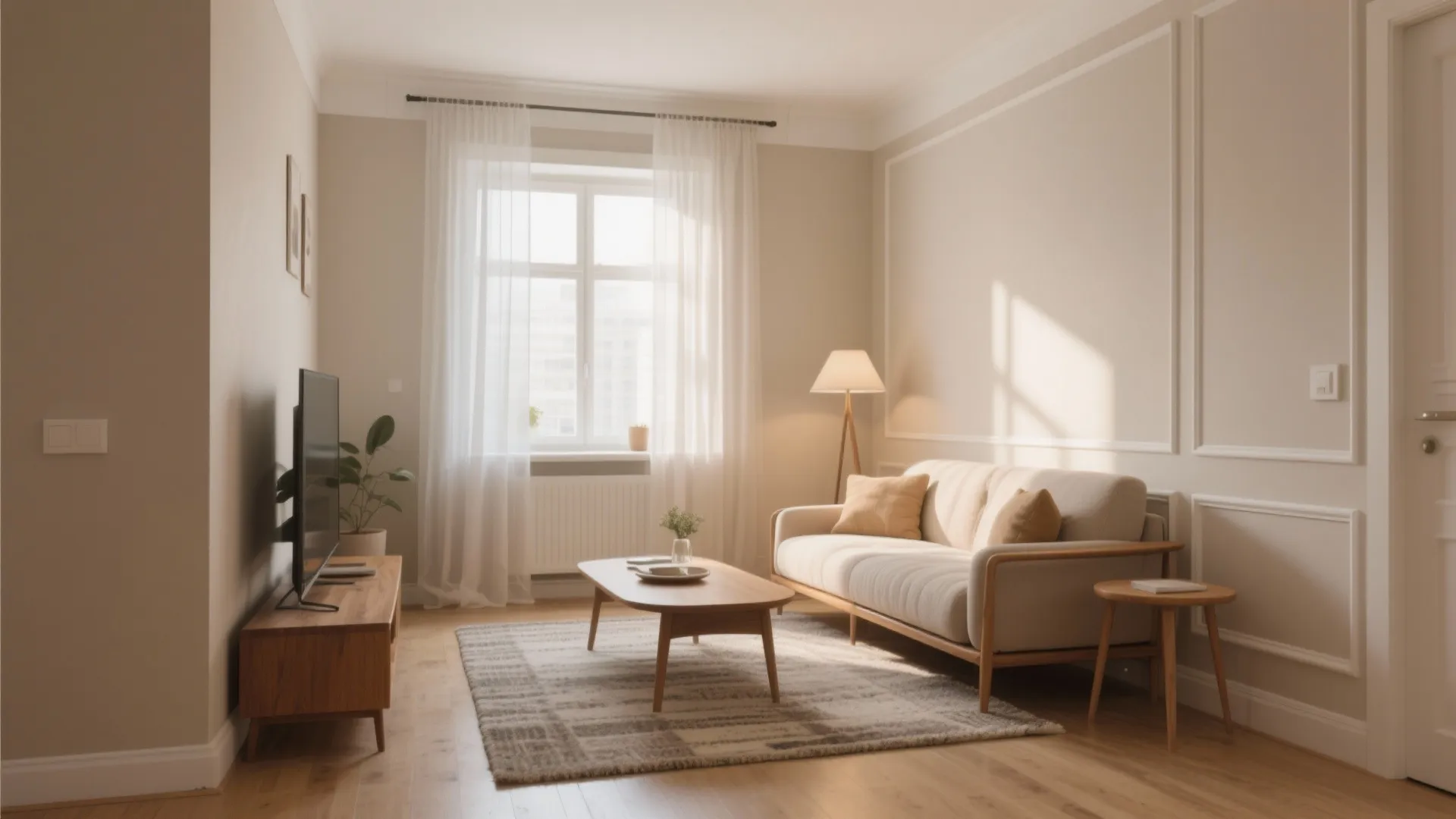Minimalist living room with beige wall panel white sofa wooden TV stand and floor lamp