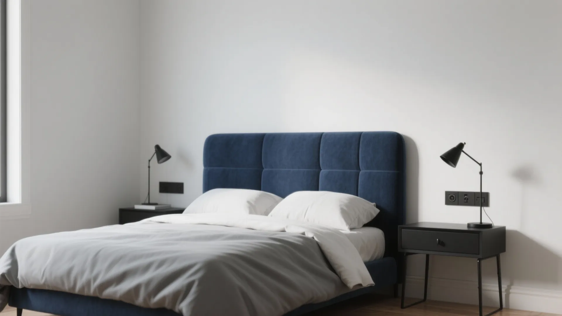 Modern bedroom with blue velvet bed frame white walls black bedside tables and black wall lights