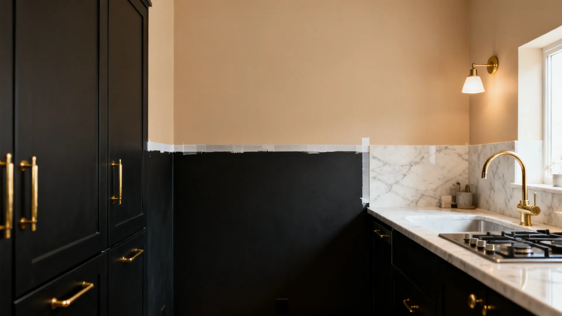 Two-tone kitchen with a soft black lower wall and kilim beige above, accented by brass and marble.