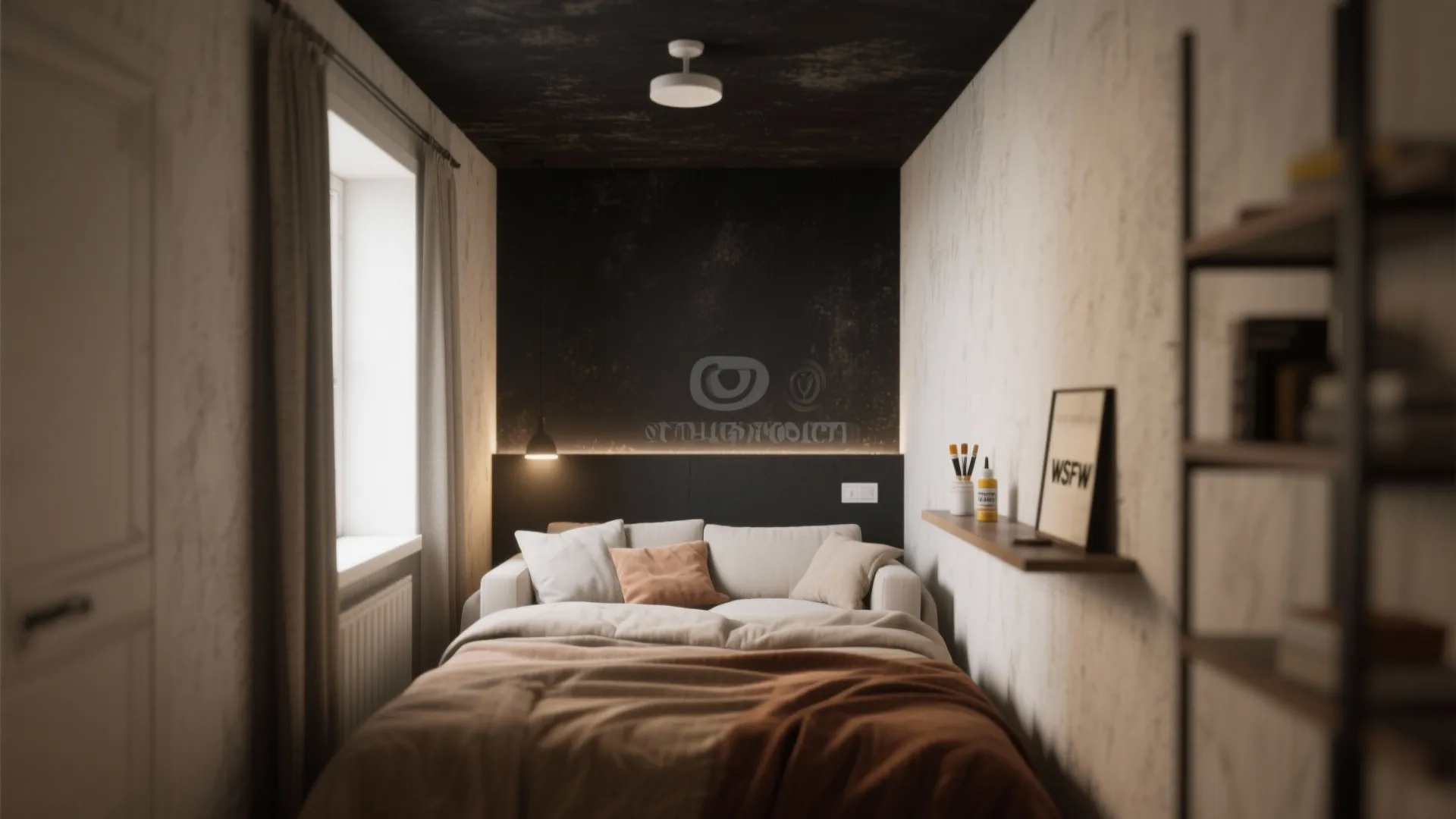 Small bedroom with black ceiling and white walls containing a bed and a ceiling light