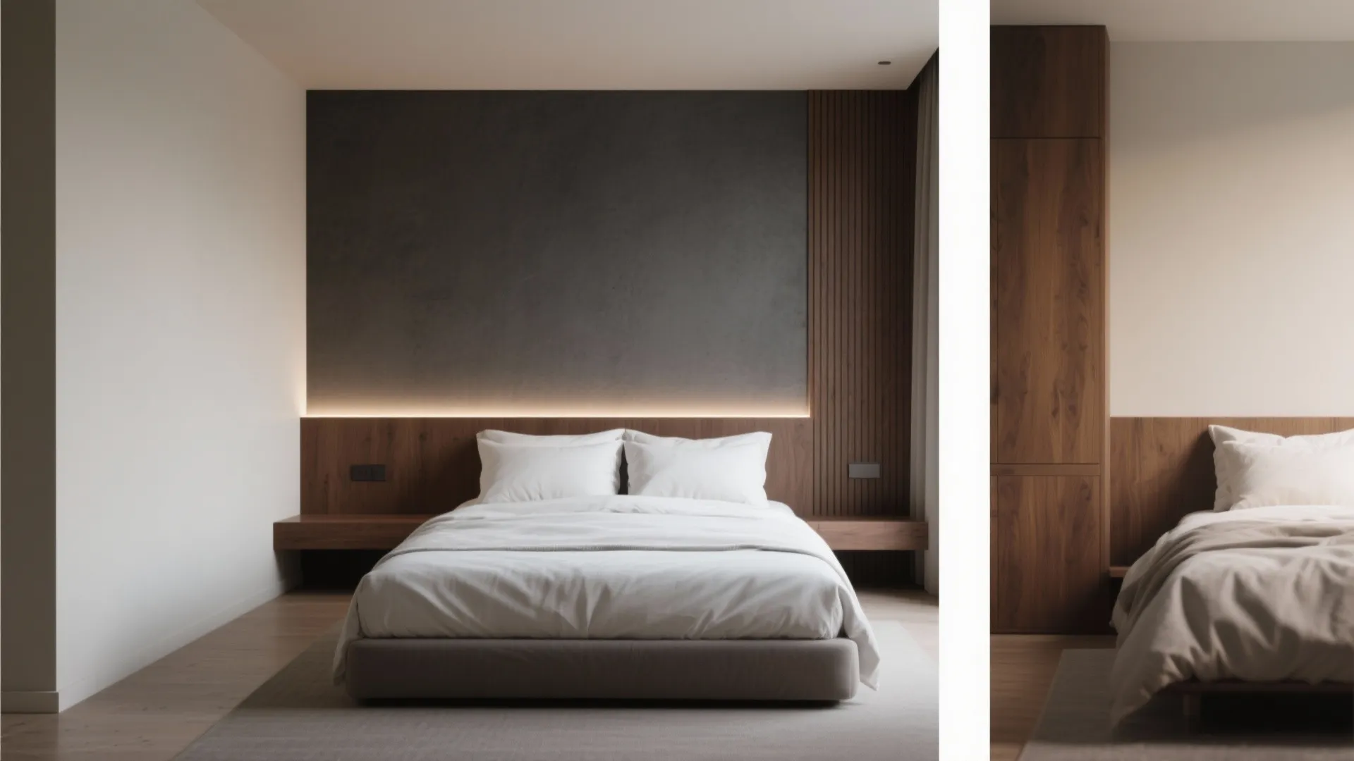 Modern minimalist bedroom featuring dark grey wall panel with warm light behind wooden bed headboard